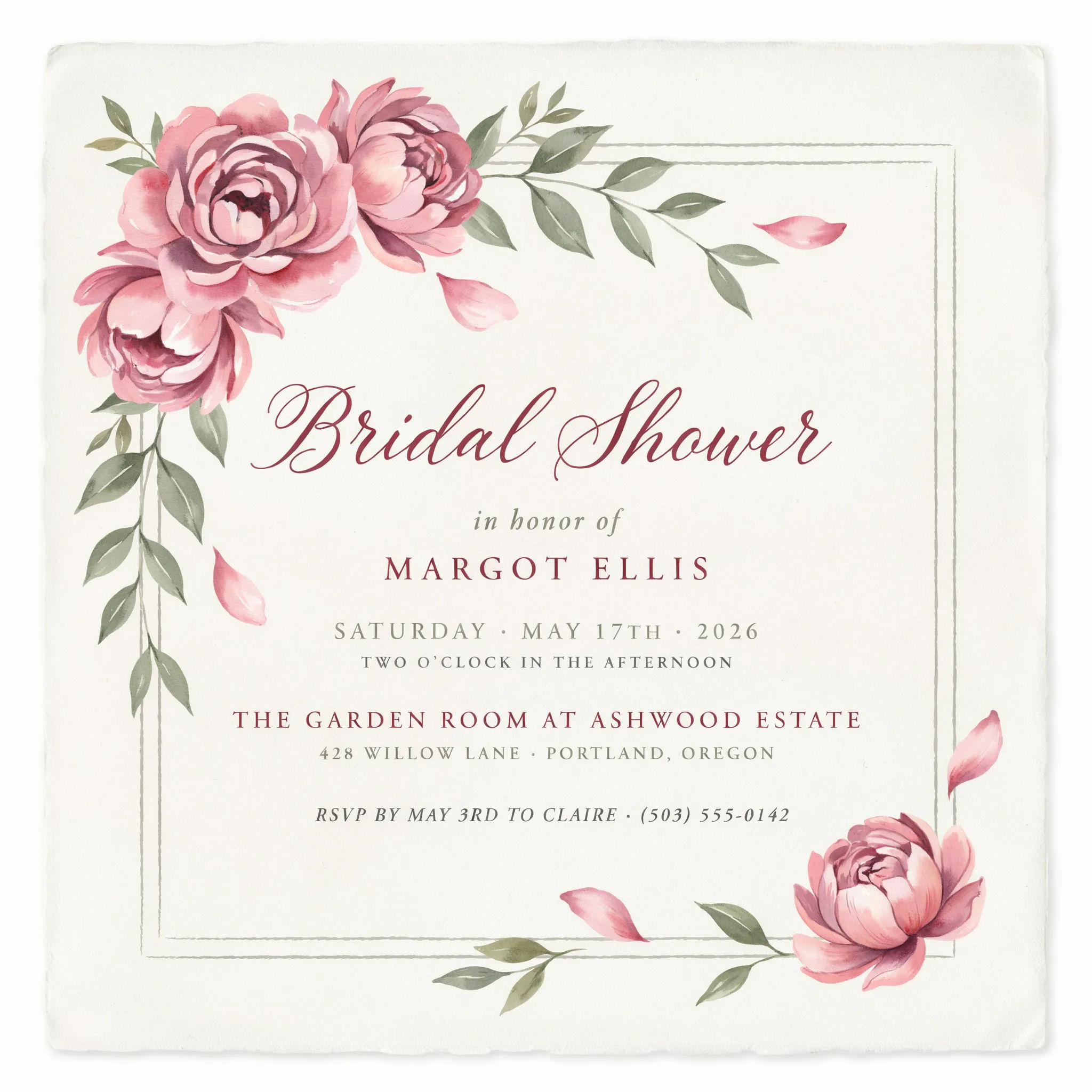 Bridal shower invitation with blush and sage watercolor peonies and script heading