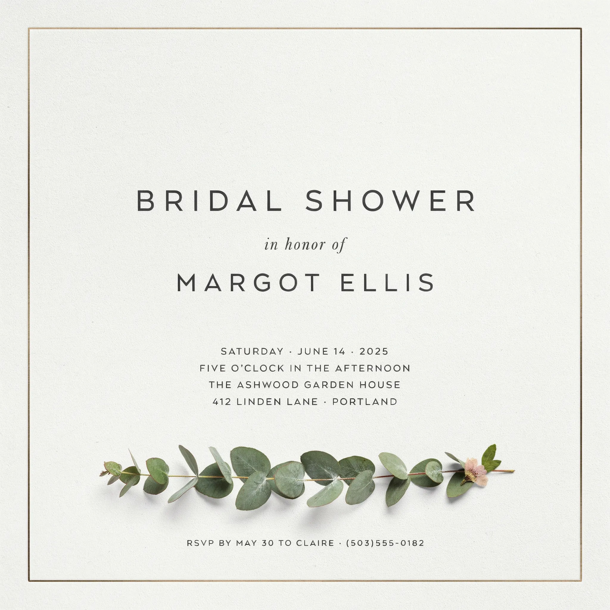 Minimal bridal shower invitation with gold rule border and clean type