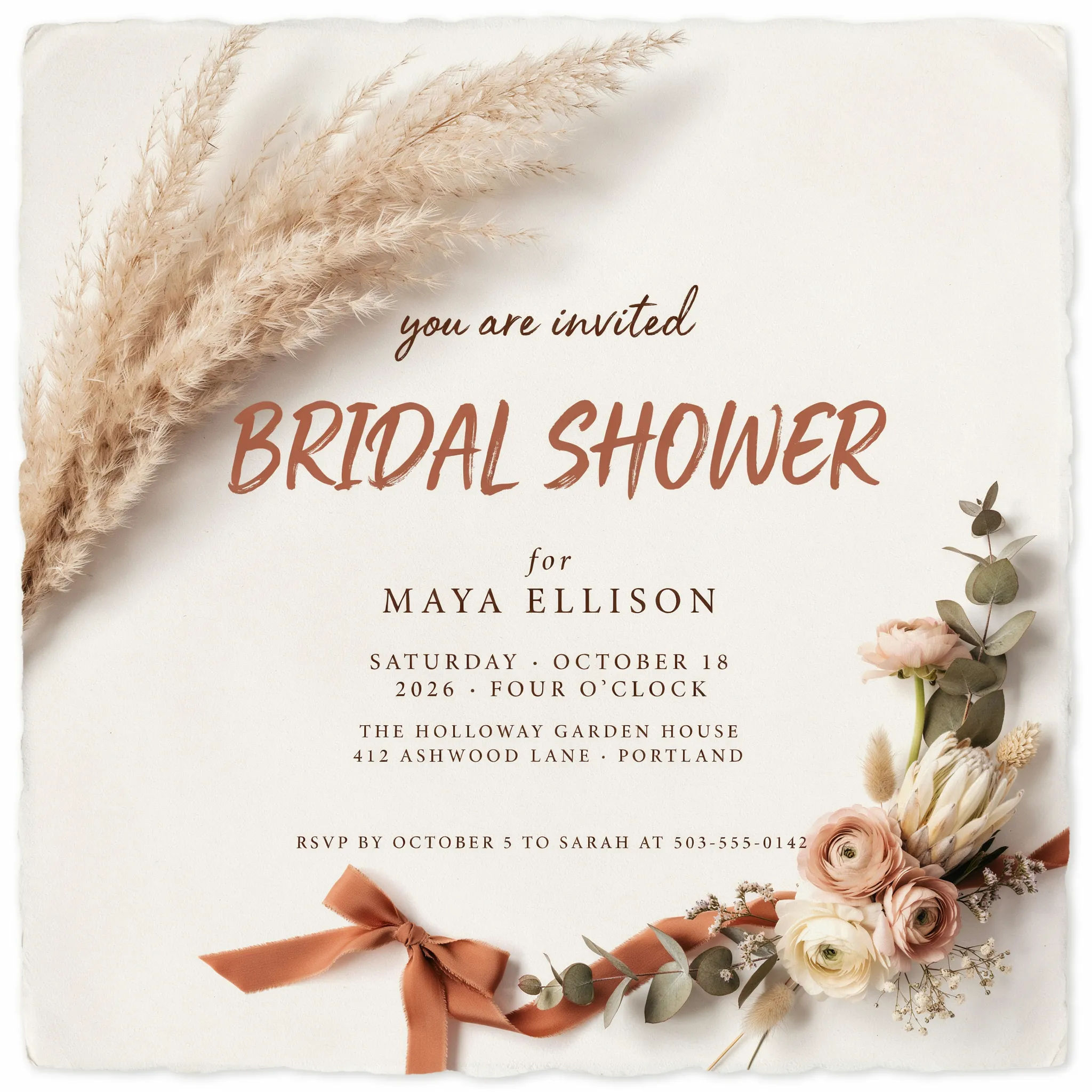 Boho bridal shower invitation with pampas grass in terracotta and cream