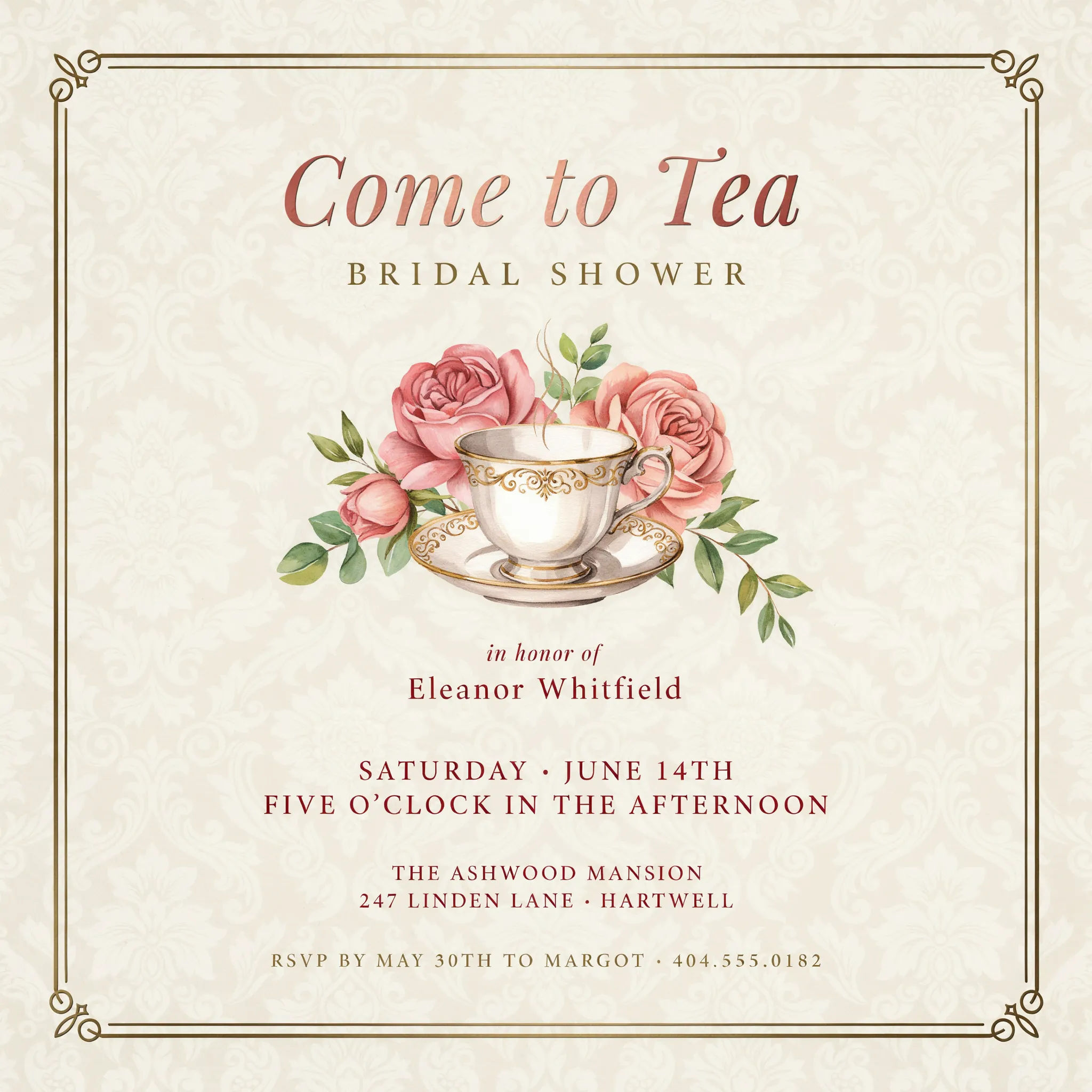 High tea bridal shower invitation with teacup and rose in pink and gold