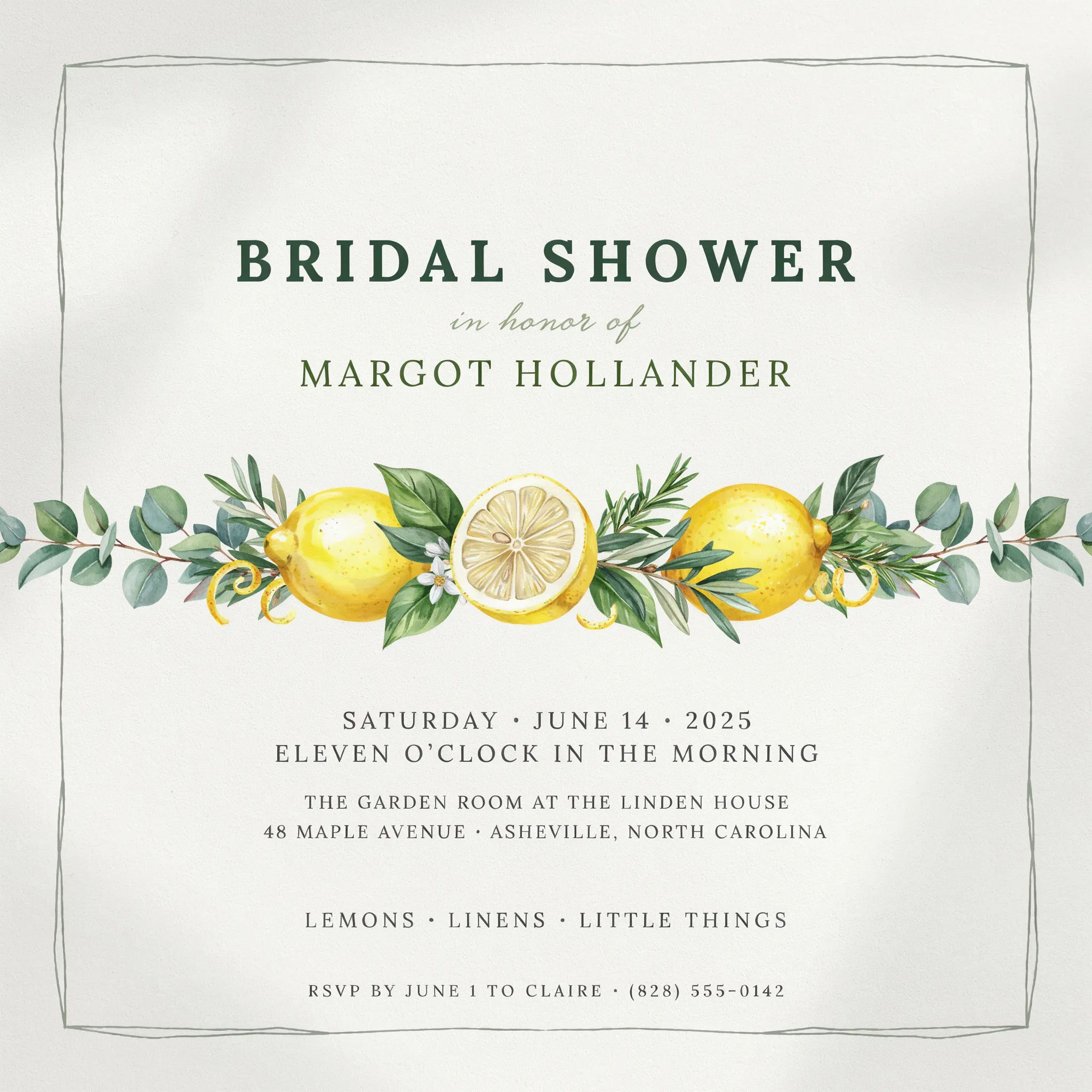 Citrus brunch bridal shower invitation with lemons and greenery
