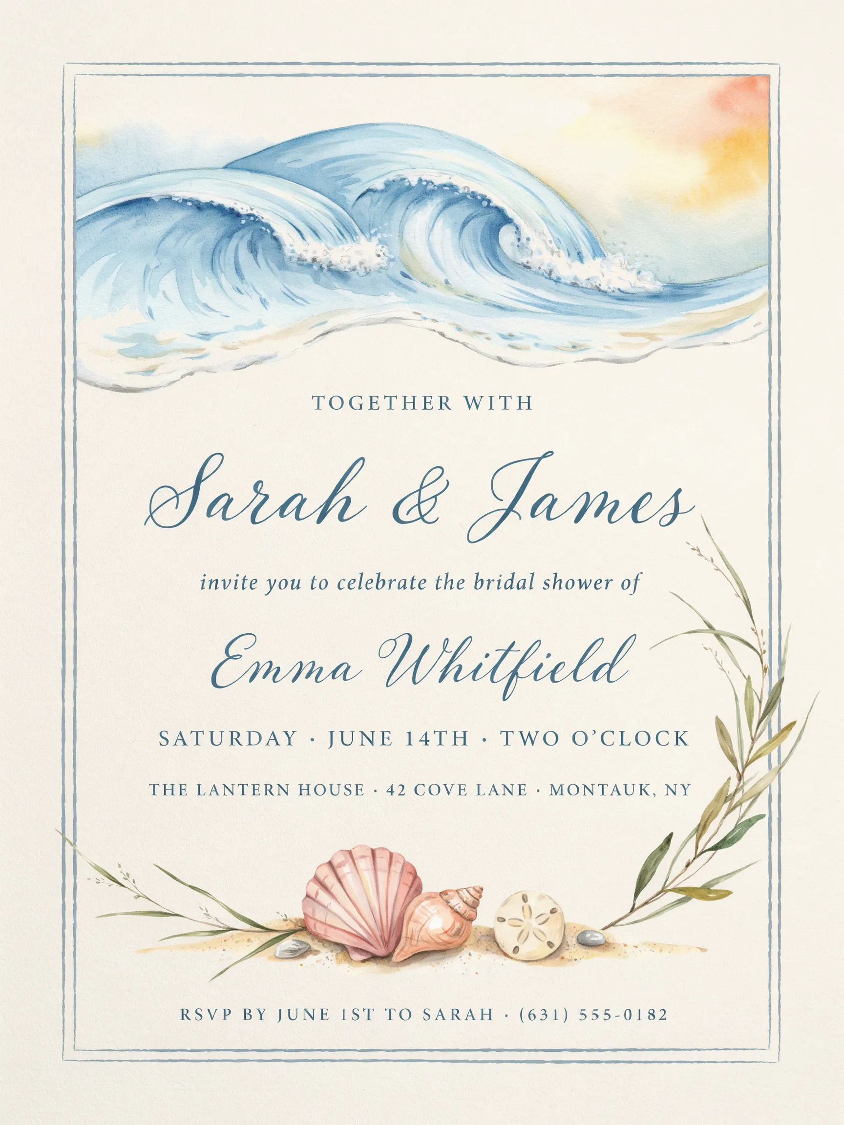 Coastal bridal shower invitation with watercolor waves and shells in blue