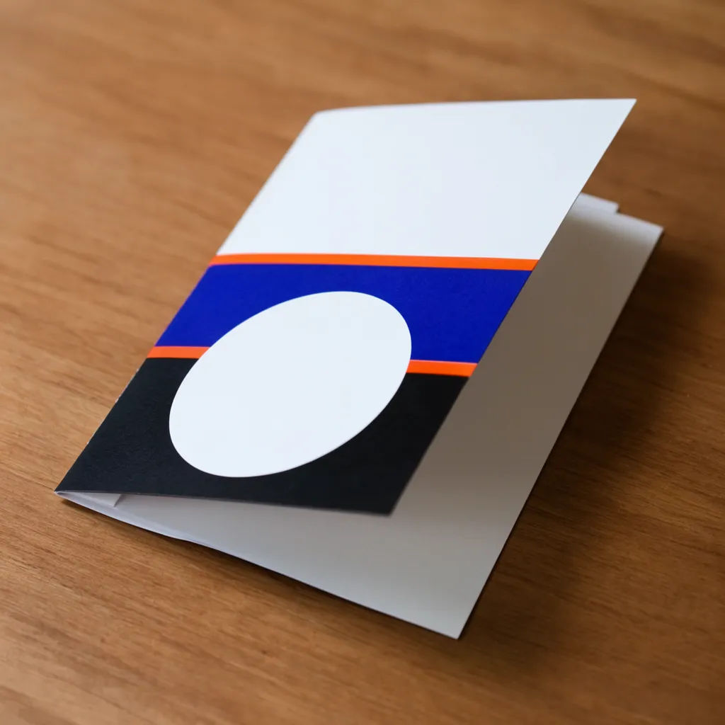 Brochure caught mid fold on a walnut desk with a soft crease shadow