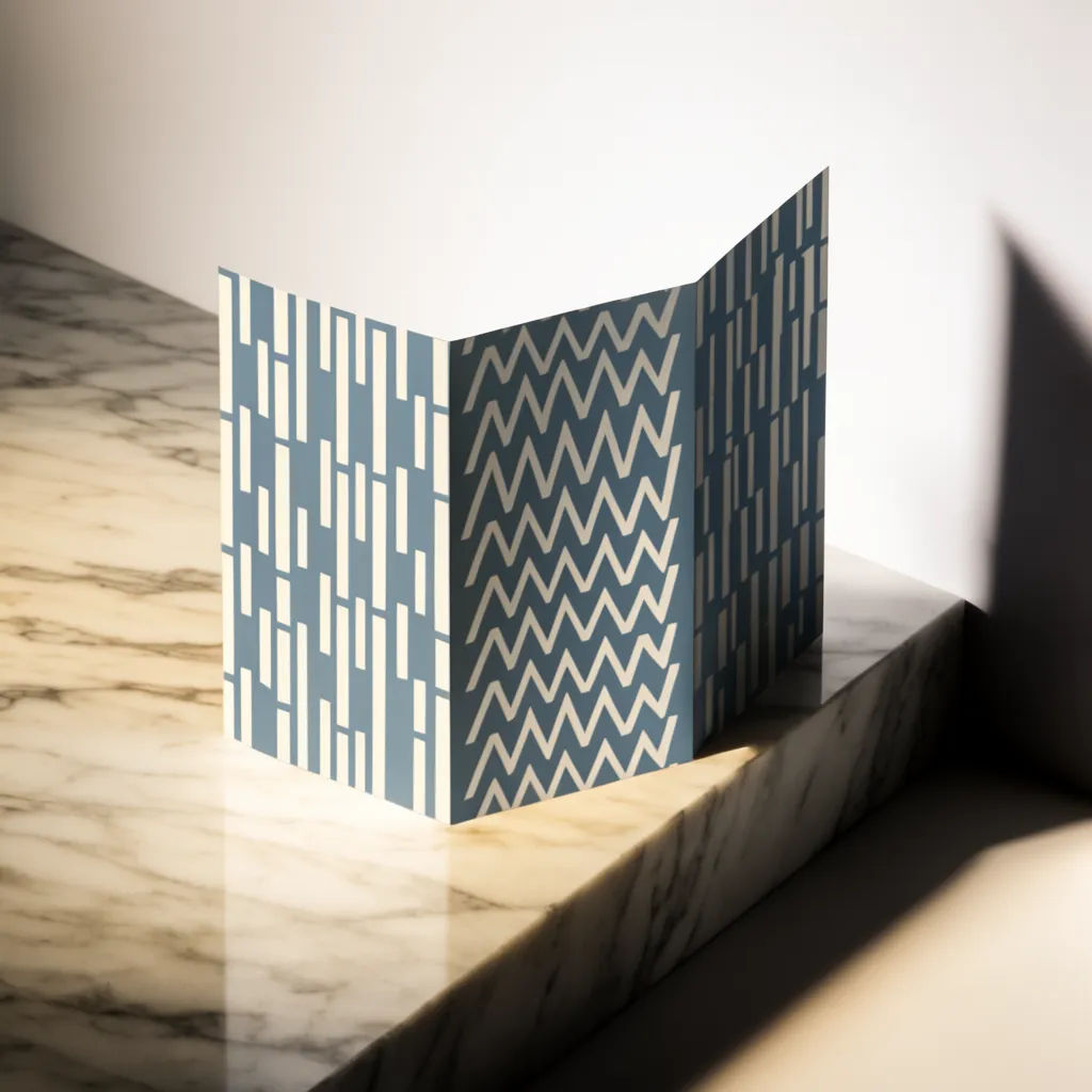 Tri fold brochure standing upright on marble in studio light