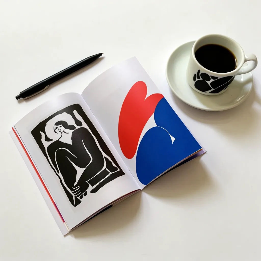 Top down flat lay of an open brochure spread beside a pen and coffee