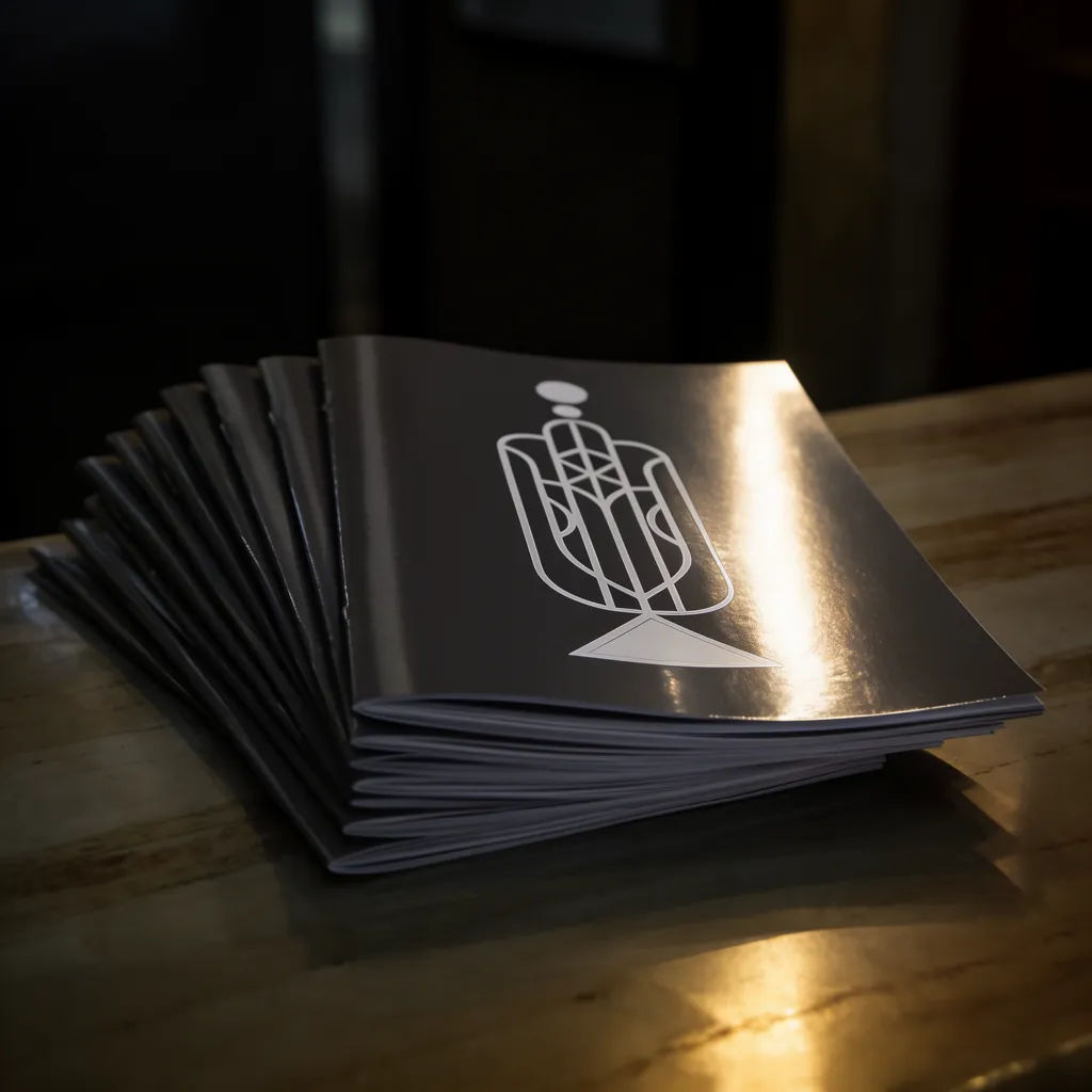 Fanned stack of gloss cover brochures on a reception counter