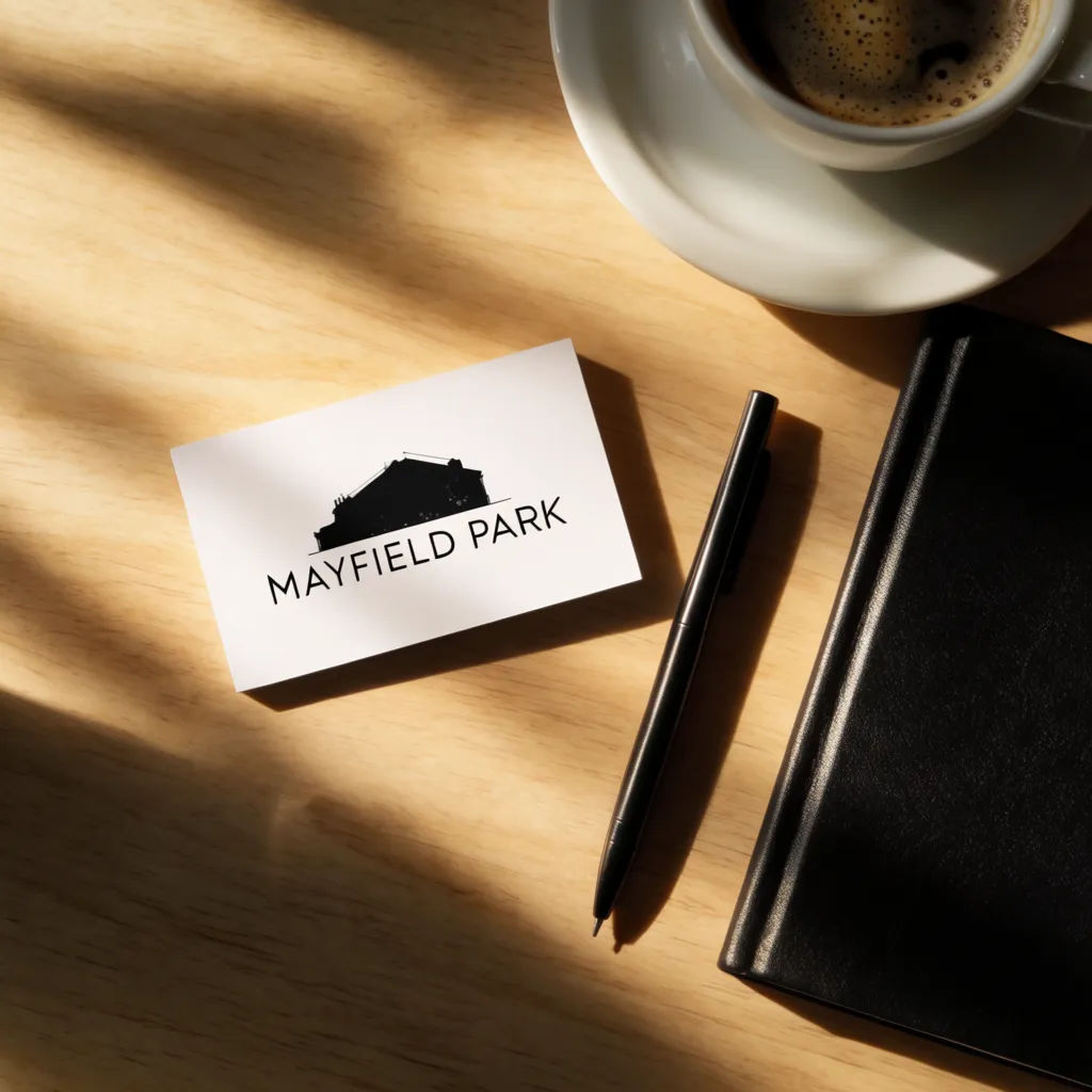 Business card on a desk beside a pen, notebook, and coffee from above