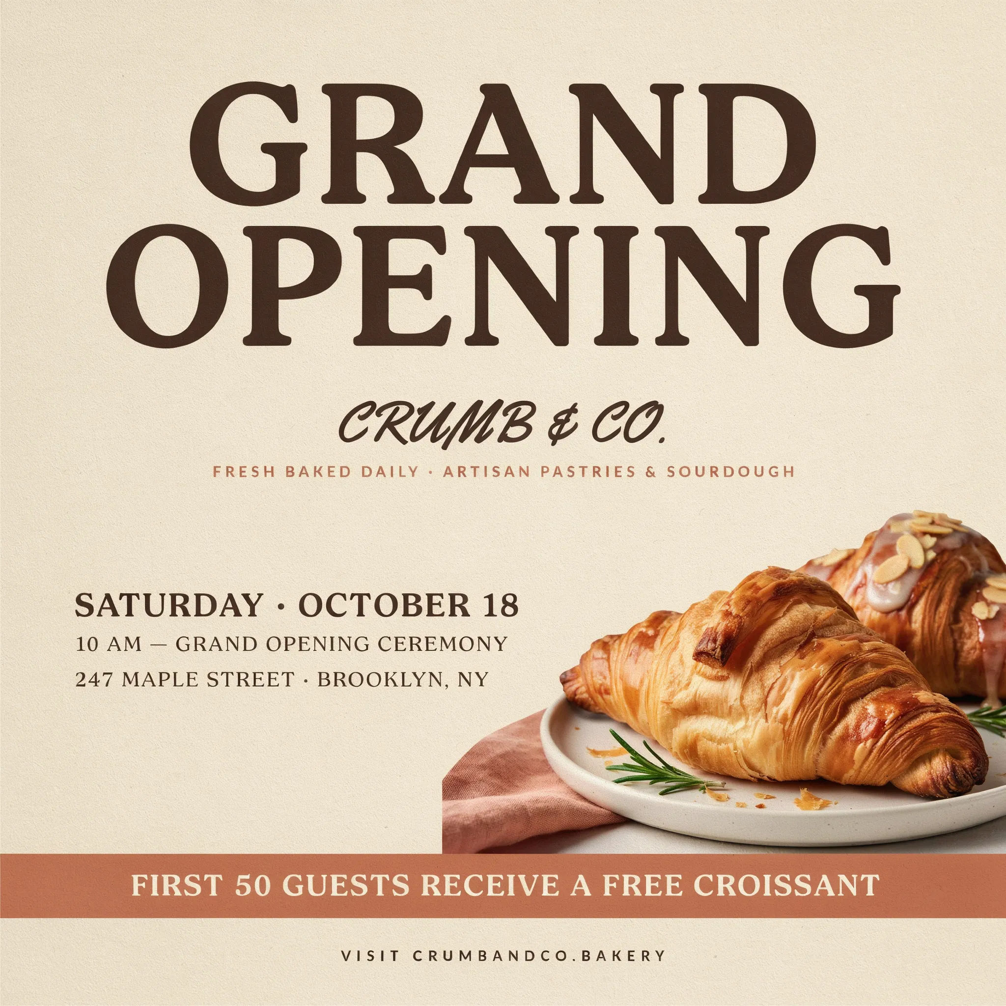 Bakery grand opening flyer with date and address
