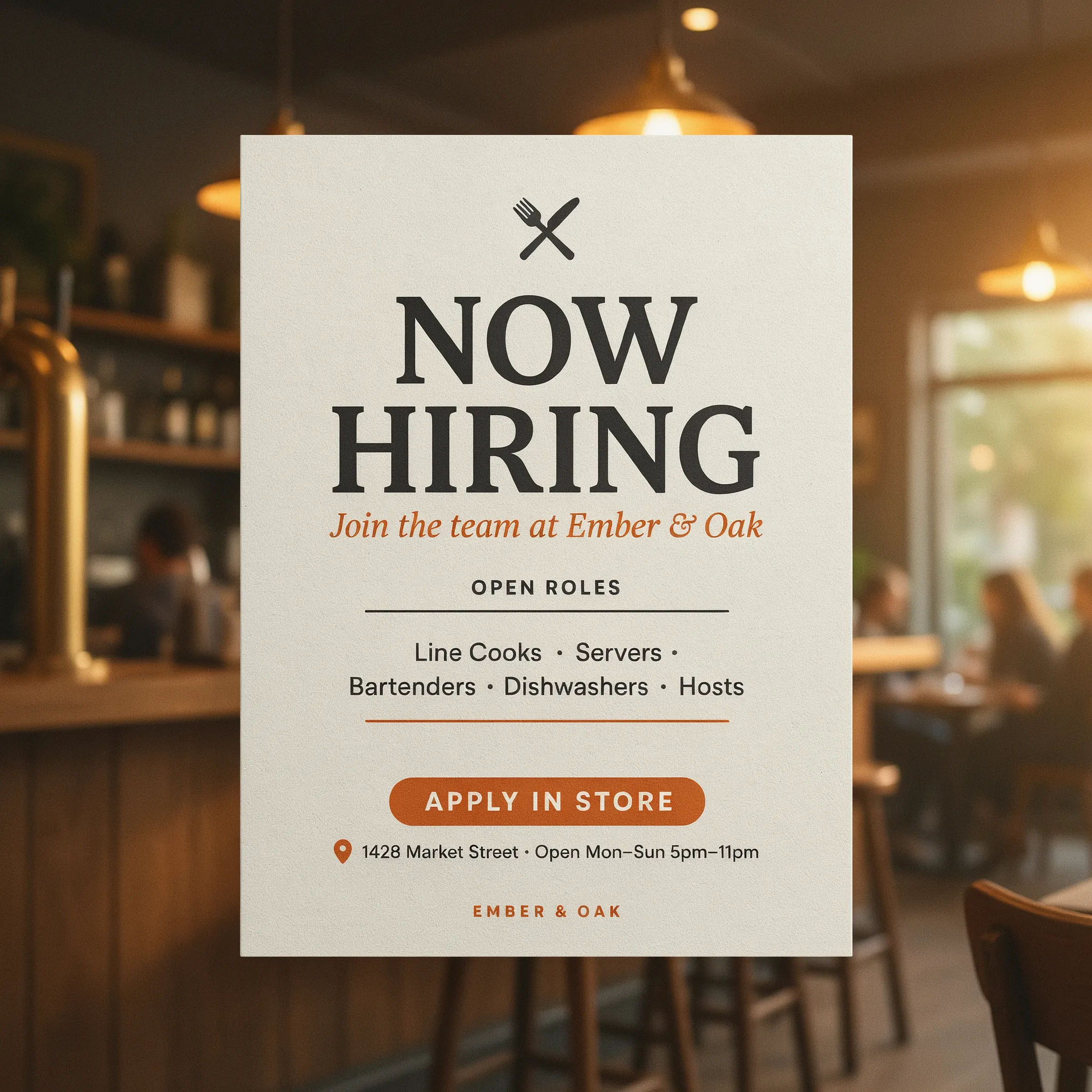 Restaurant now hiring flyer with roles listed