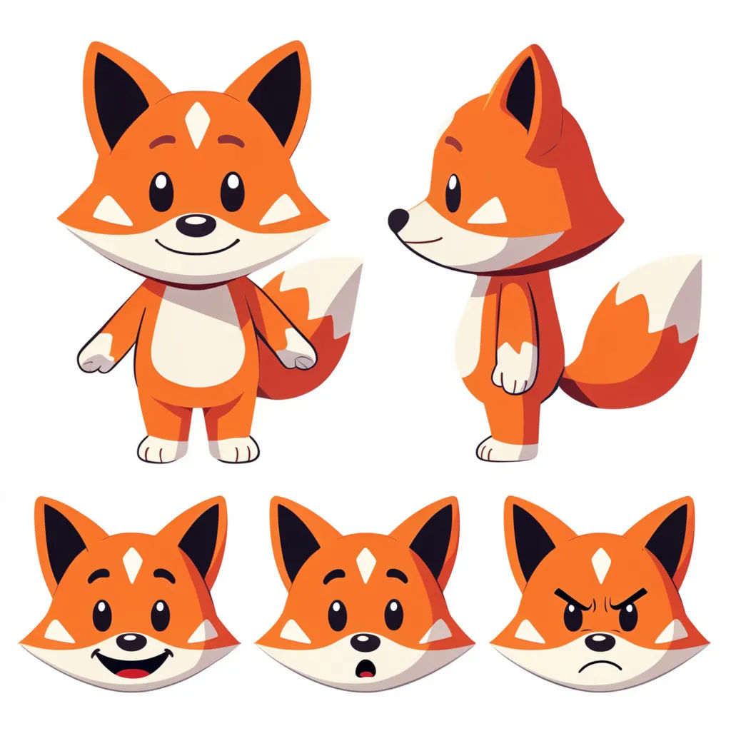 Reference sheet of a cartoon fox mascot with multiple views and expressions