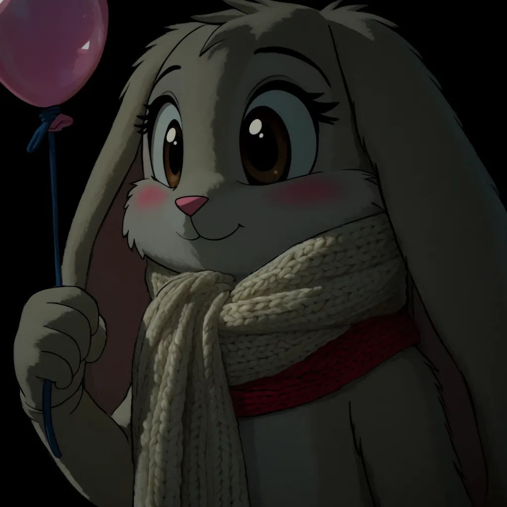 Soft storybook cartoon rabbit wearing a knitted scarf