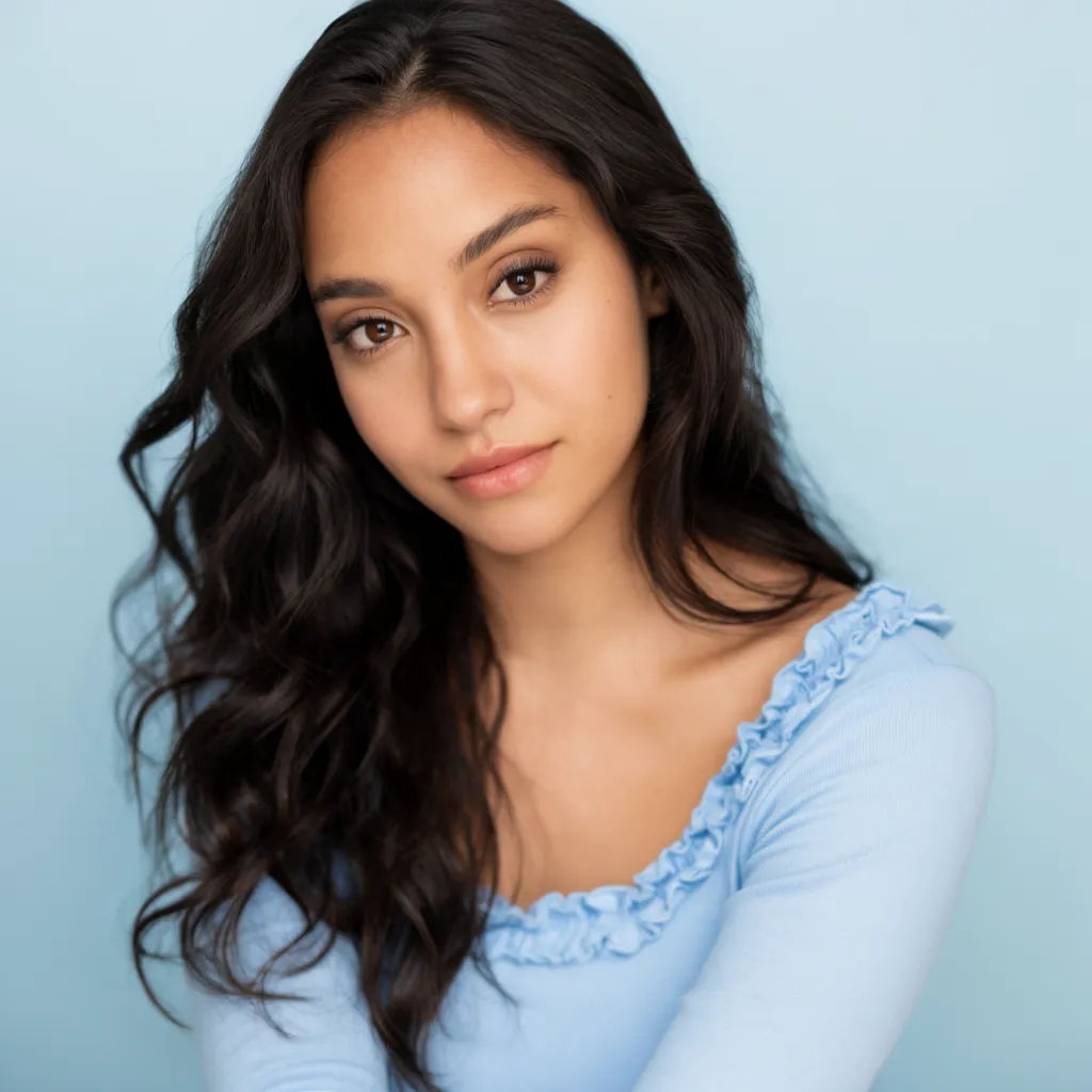 Headshot on a soft pastel blue background with natural light on the face