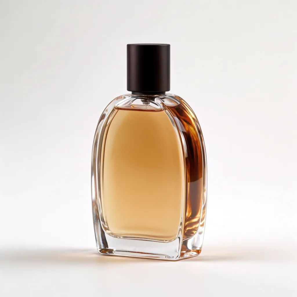 Perfume bottle reframed to a three-quarter angle on the same backdrop