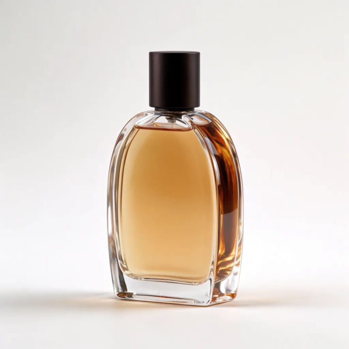Frasco de perfume reenquadrado em três quartos sobre o mesmo fundo