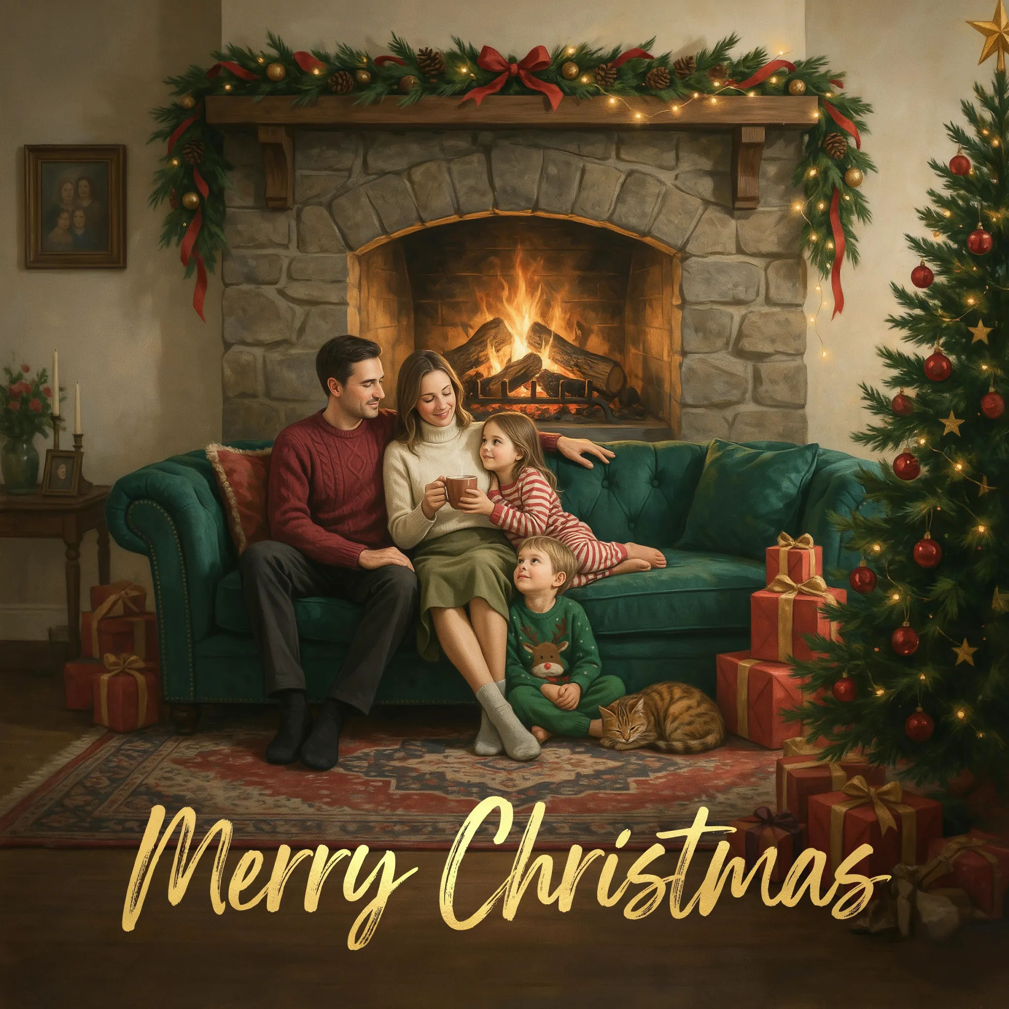 Family photo styled as a cozy fireside Christmas card