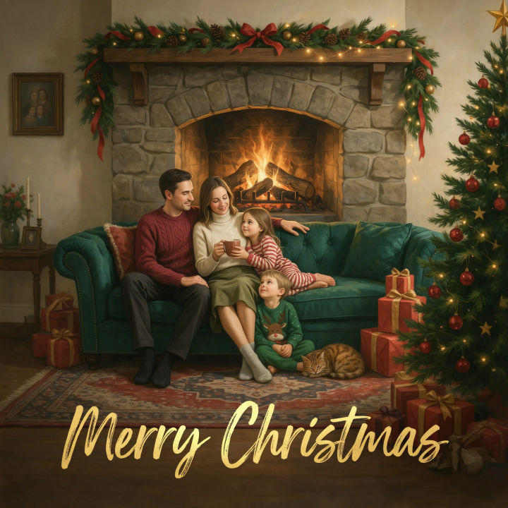 Foto da família estilizada como cartão de Natal aconchegante junto à lareira