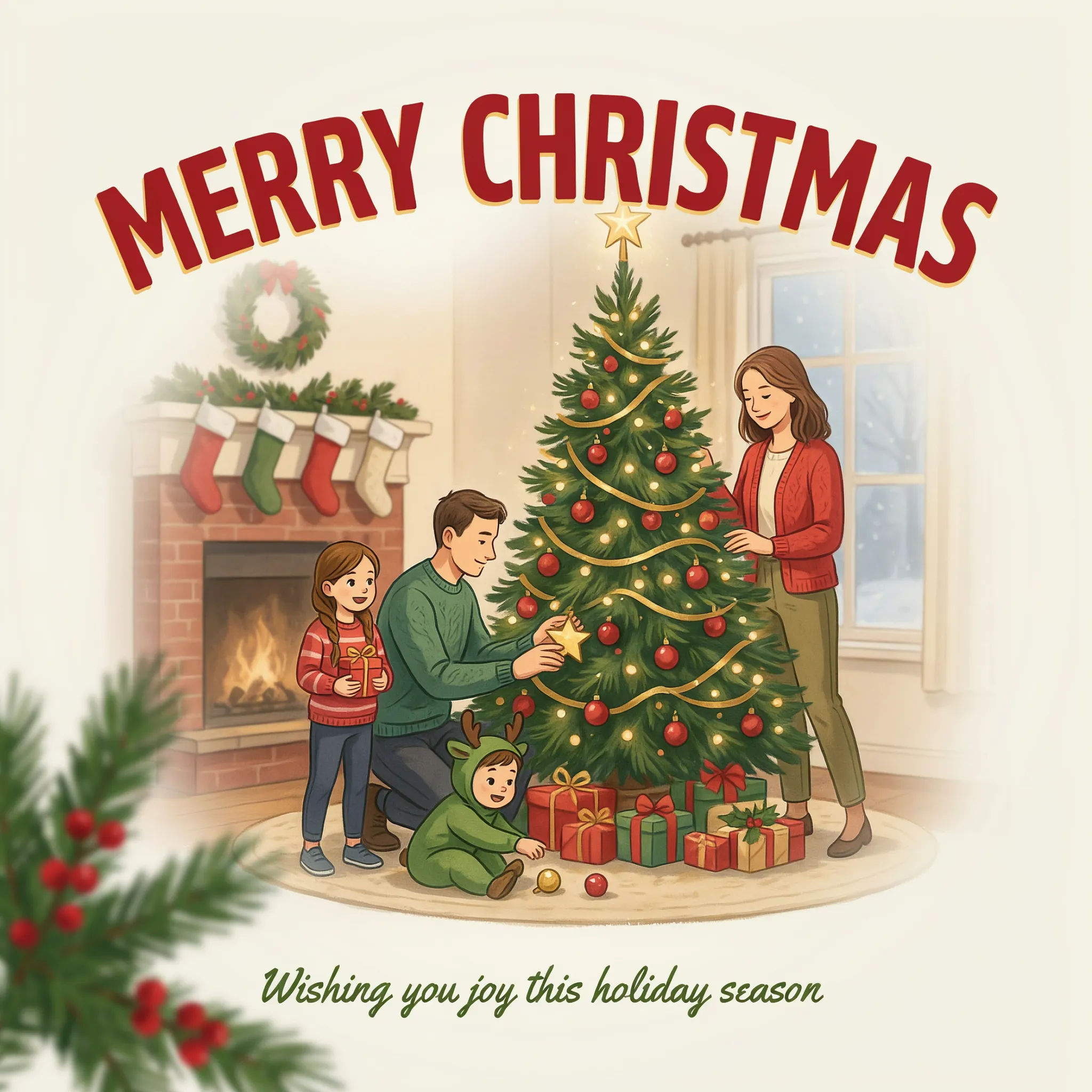 Family photo turned into a playful illustrated holiday card