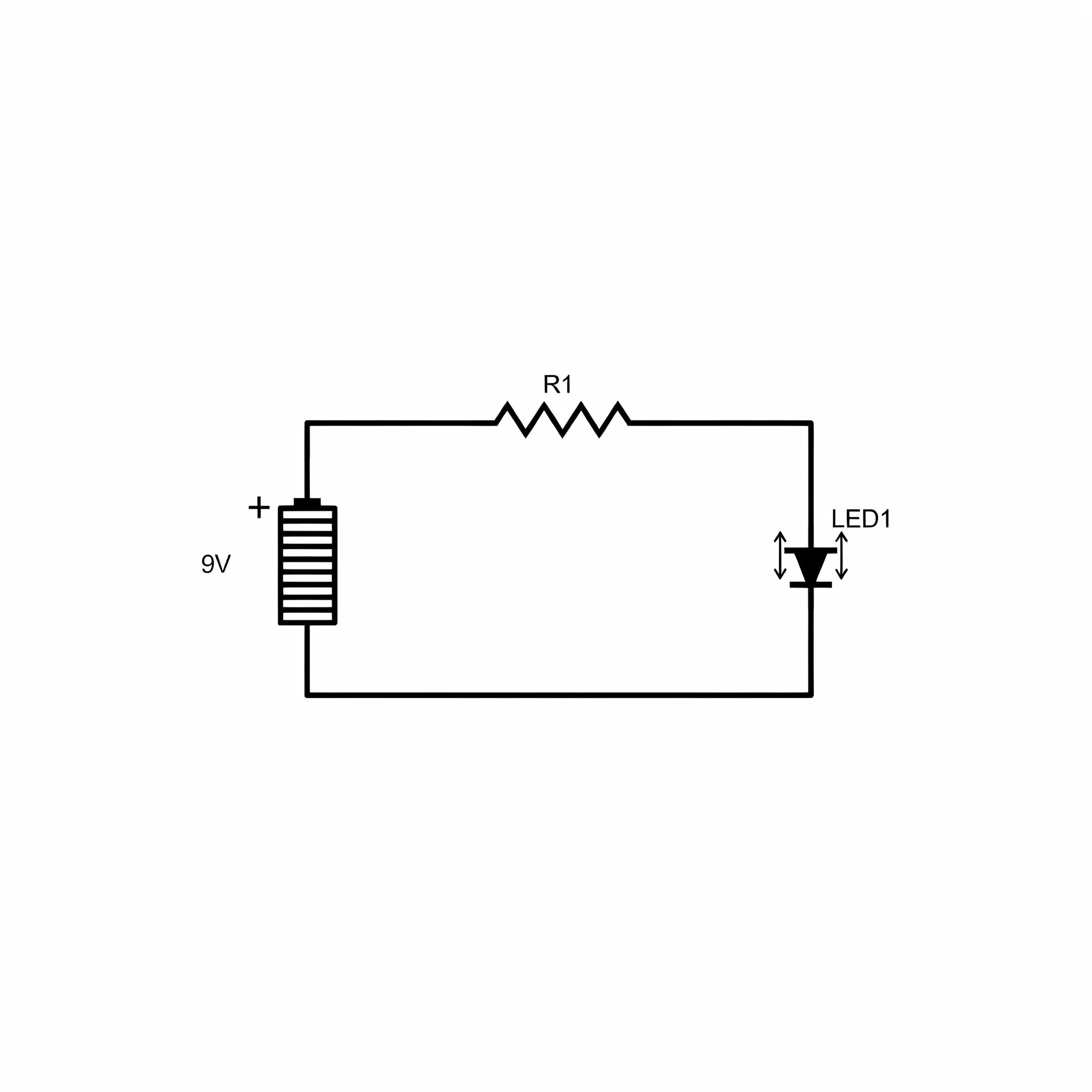 Circuit diagram of a battery, resistor, and LED in series on white