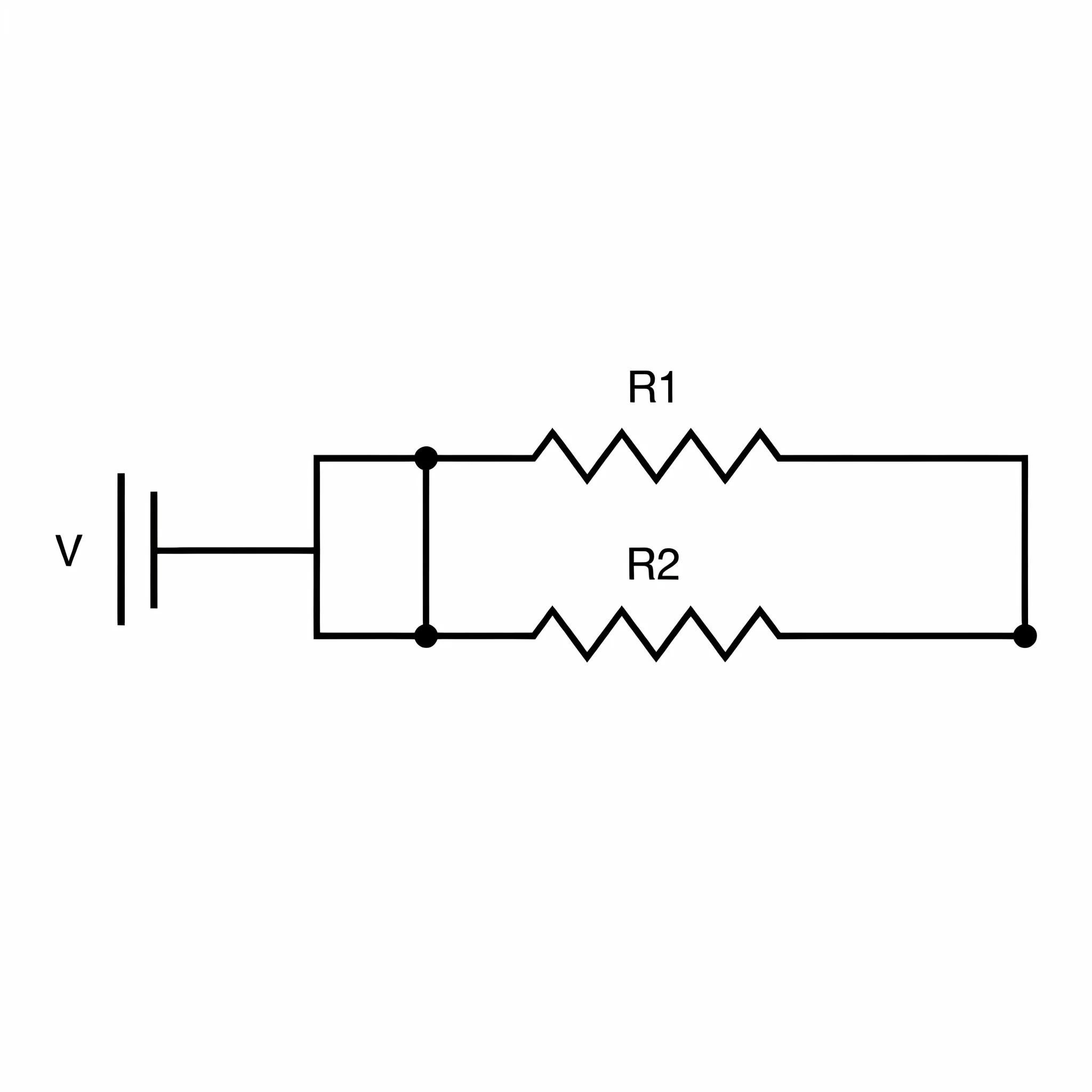 Schematic of two parallel resistors across a battery, labeled R1 and R2