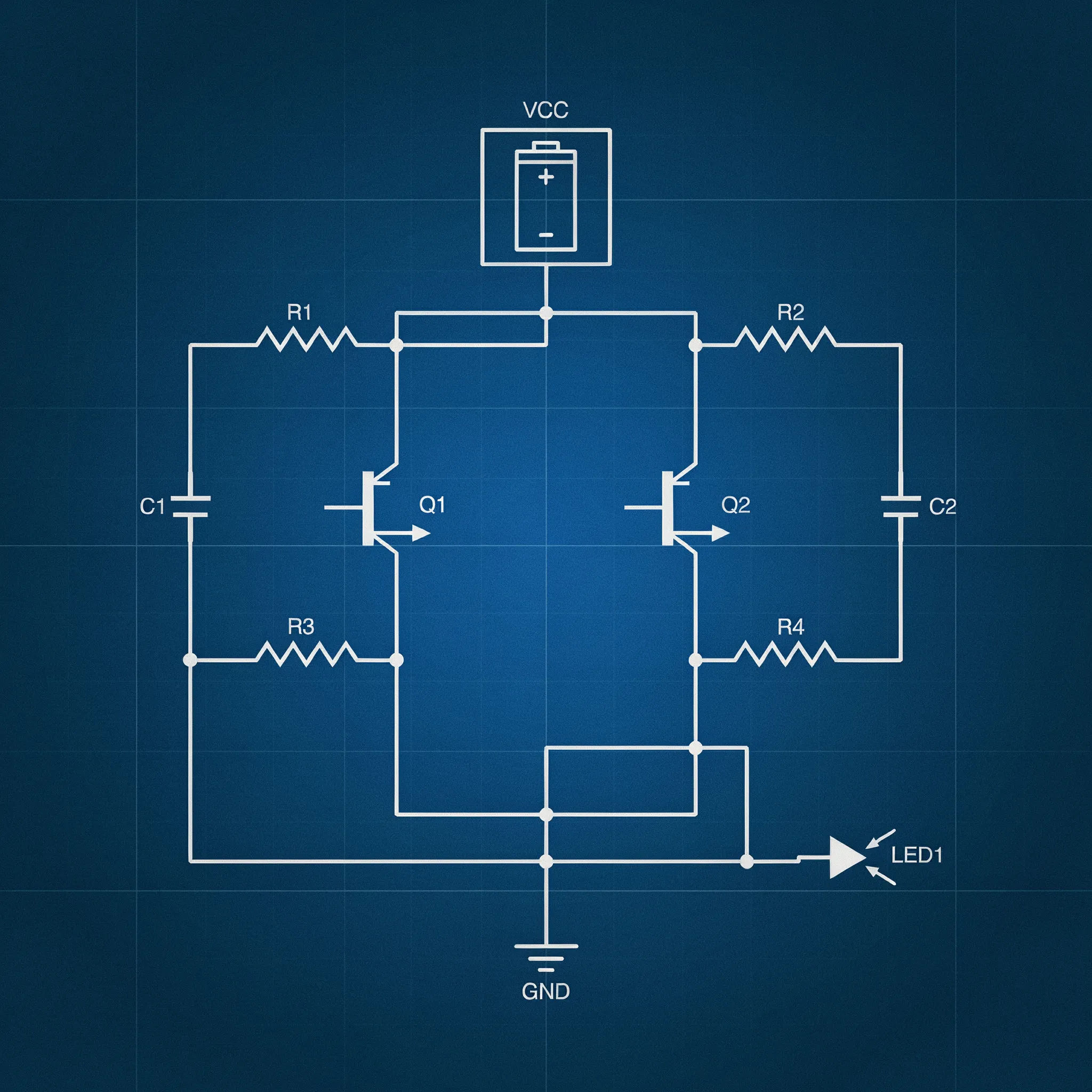 Blueprint-style circuit schematic with white lines on deep blue