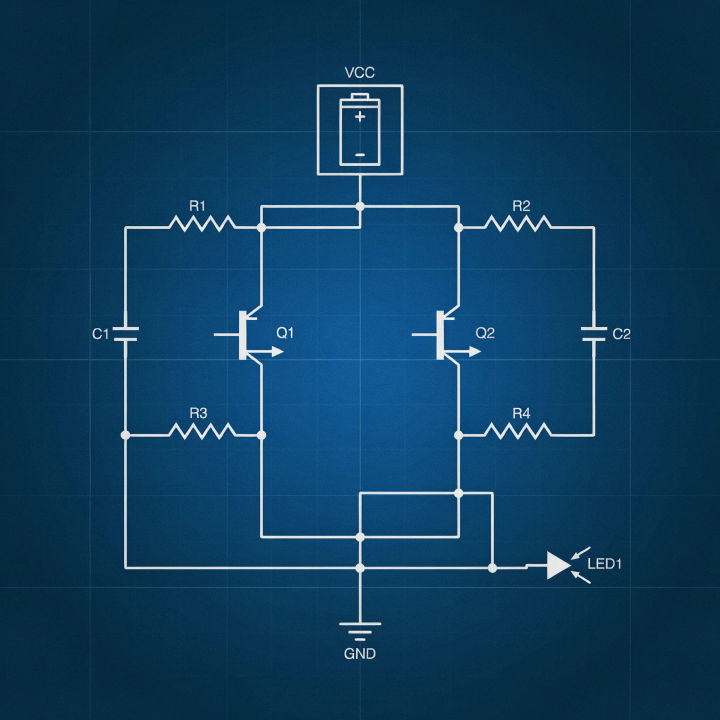 Esquema de circuito em estilo blueprint com linhas brancas sobre azul profundo