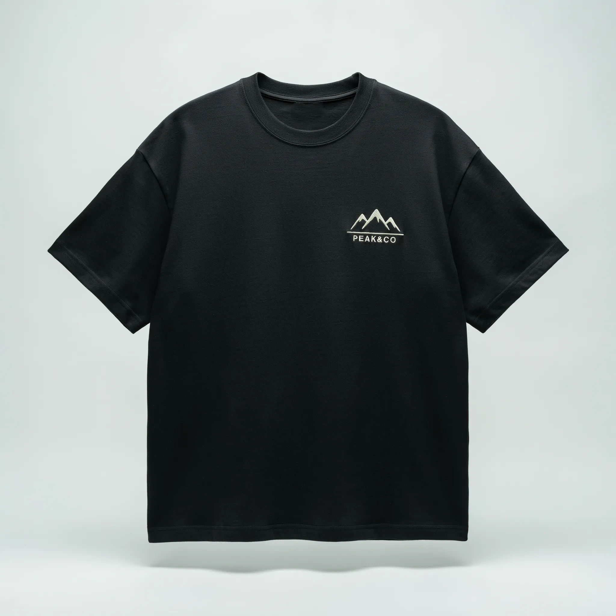 Logo mark printed on the chest of a black t-shirt