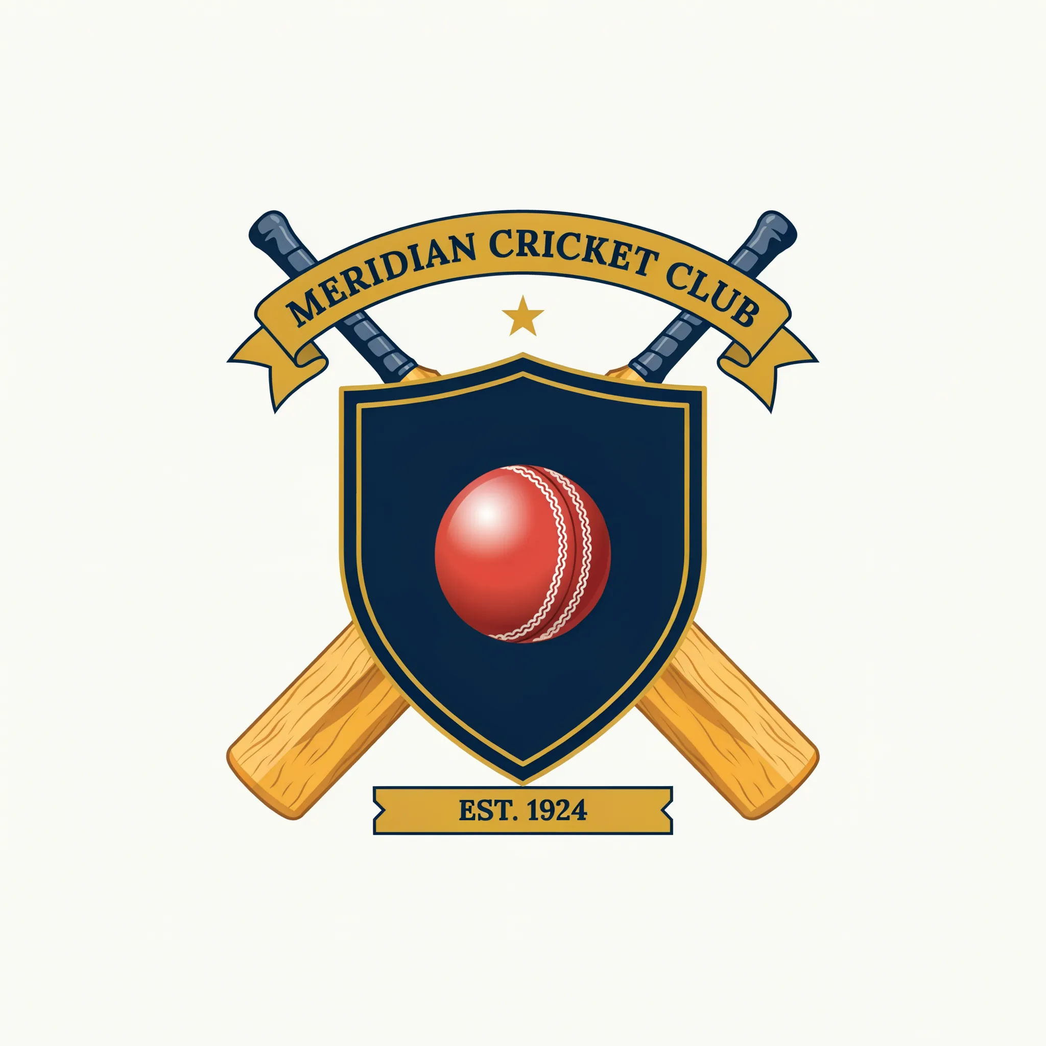 Cricket club crest with crossed bats and a ball inside a navy and gold shield
