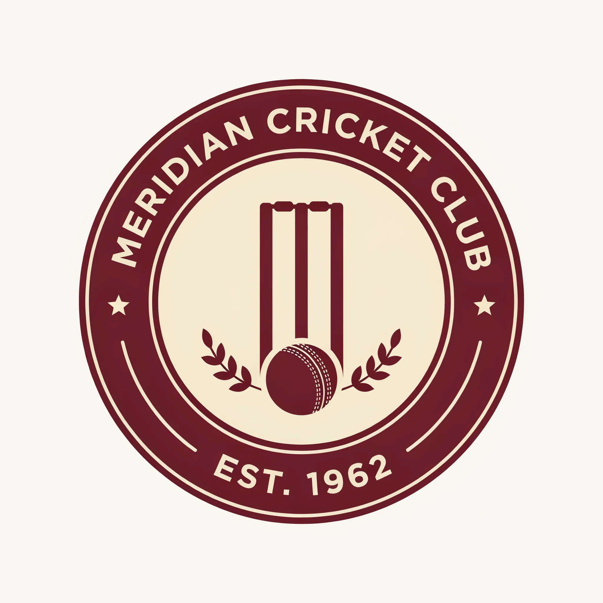 Circular cricket team badge with a ball and stumps in maroon and cream