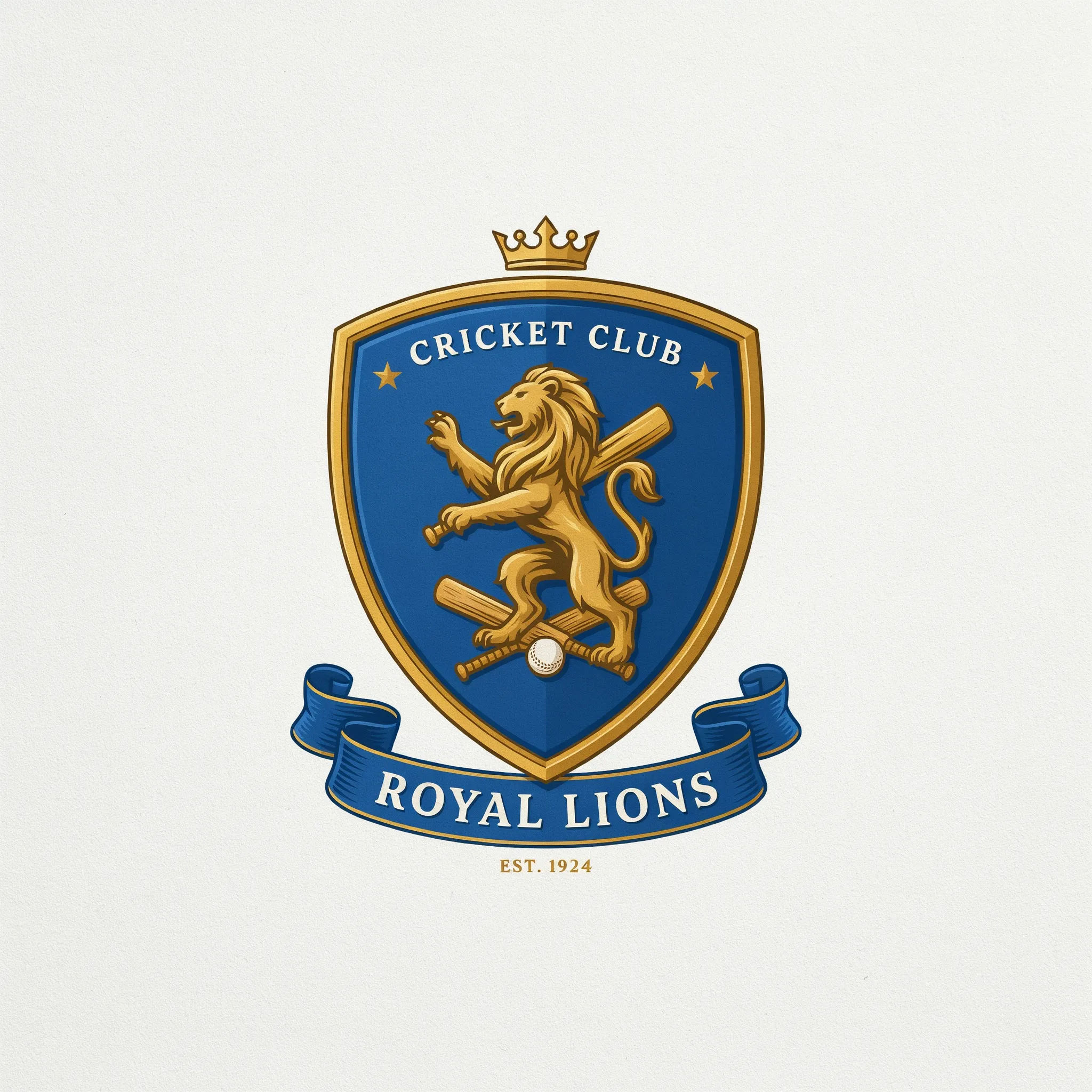 Cricket team crest with a lion holding a bat in a royal blue and gold shield