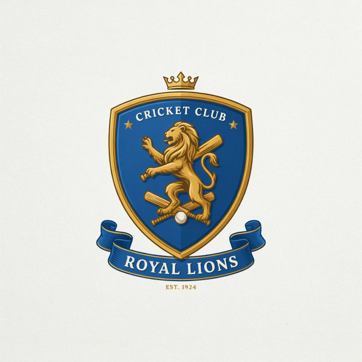 Escudo de time de críquete com um leão segurando um taco em um escudo azul-royal e dourado