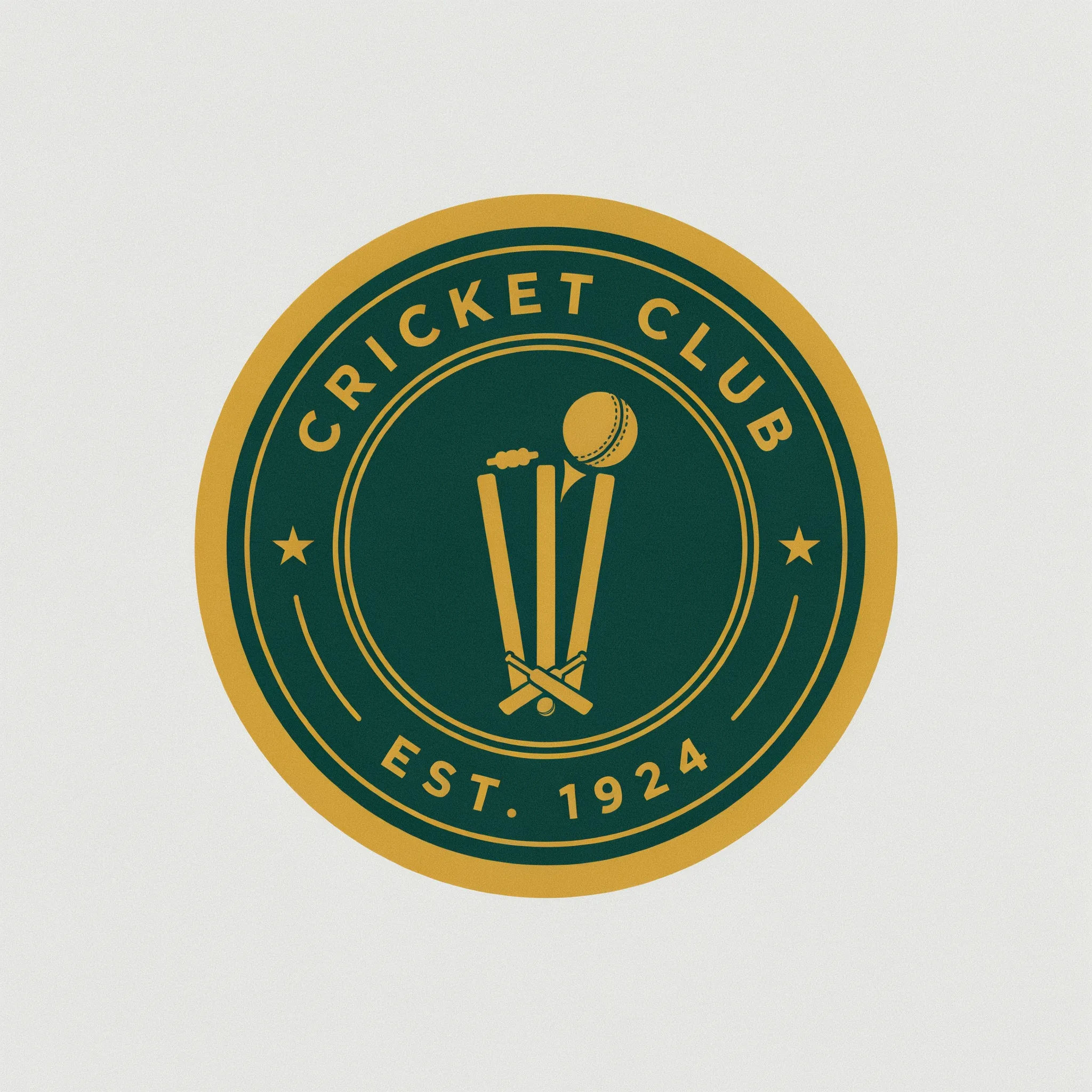 Compact cricket cap badge with stumps and a rising ball in gold on dark green