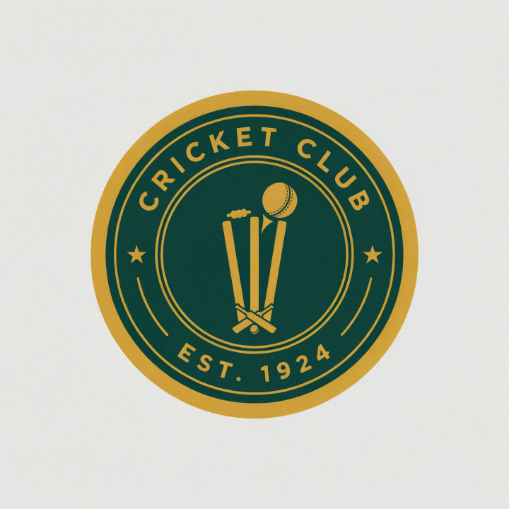 Distintivo compacto de boné de críquete com stumps e uma bola subindo, dourado sobre verde-escuro
