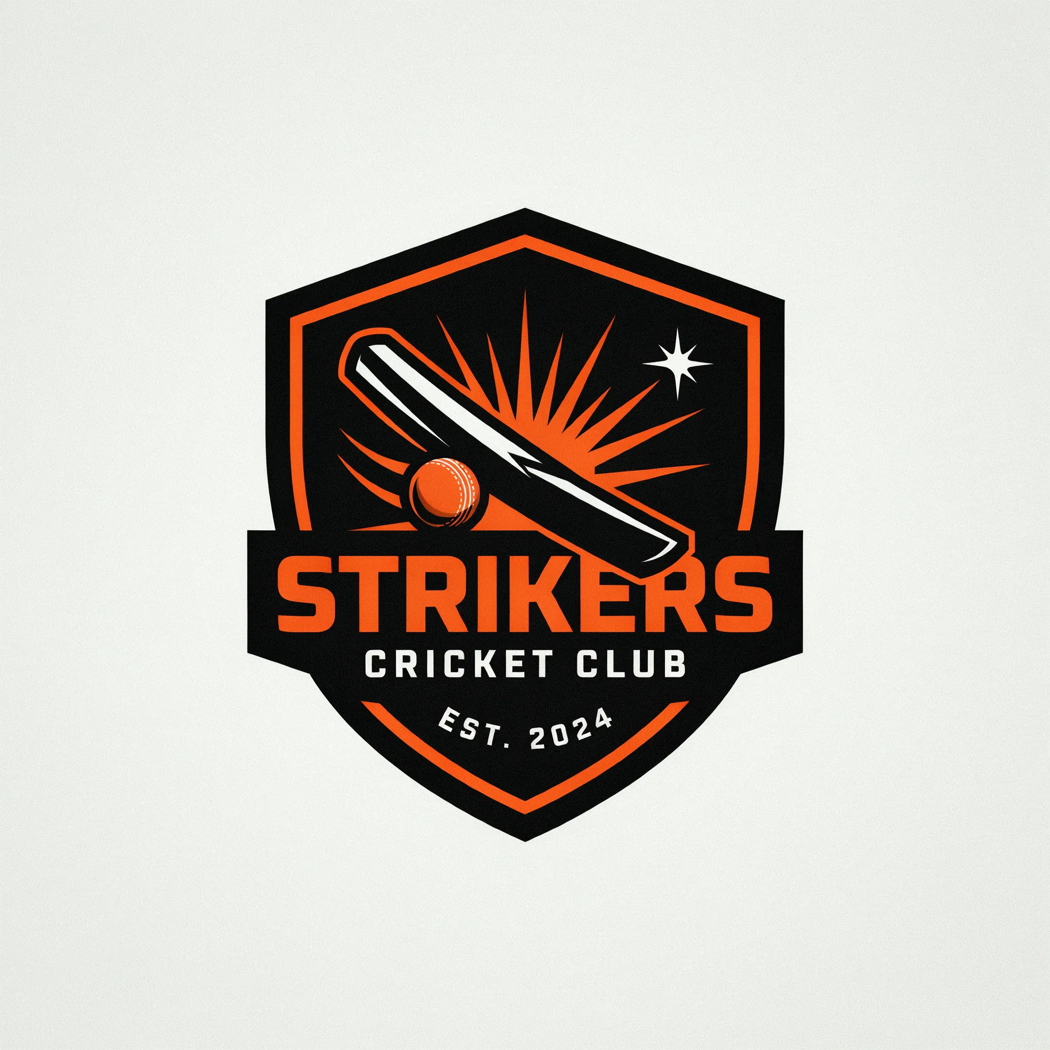 Bold franchise cricket emblem with a bat swing silhouette in orange and black