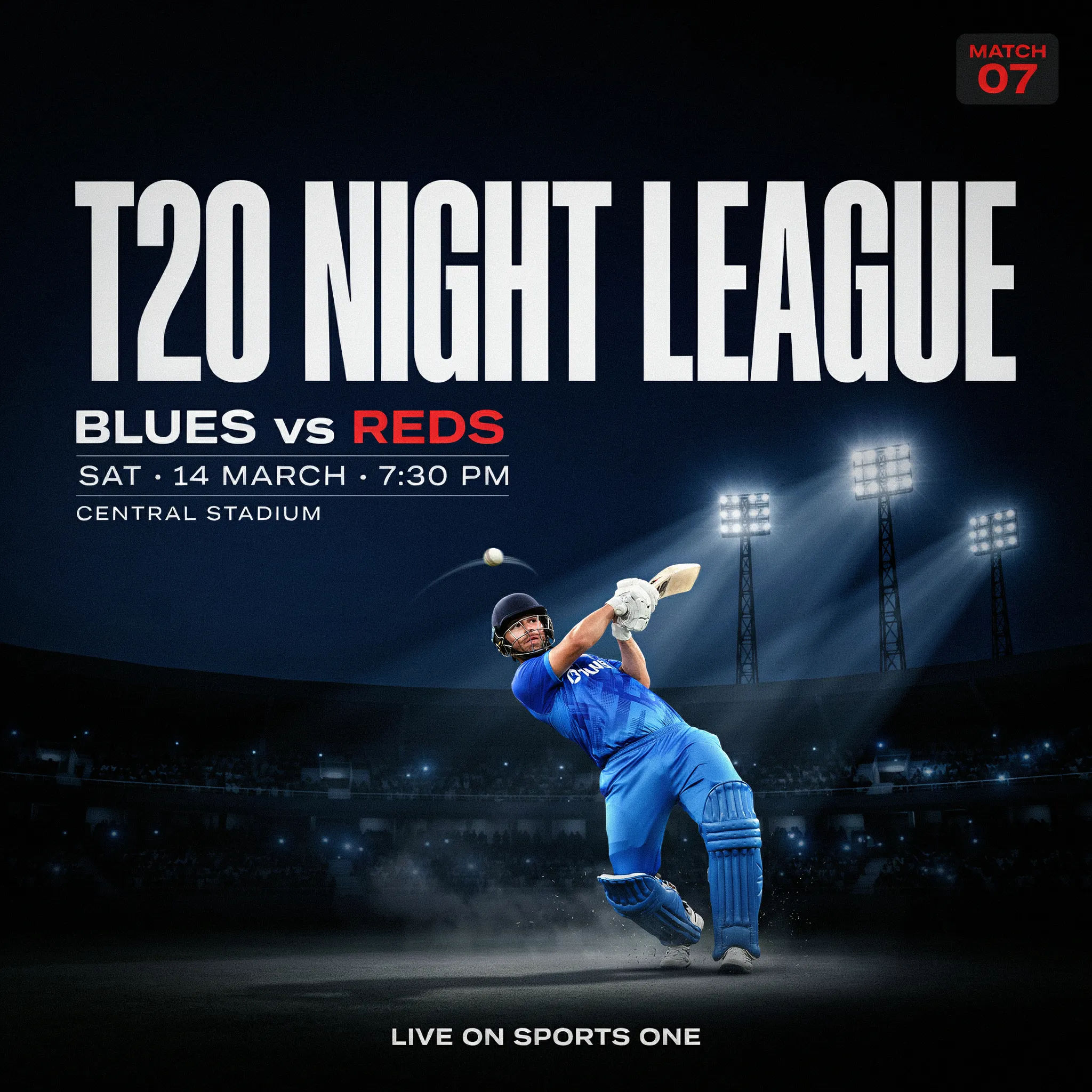 T20 night cricket poster with a batsman under floodlights
