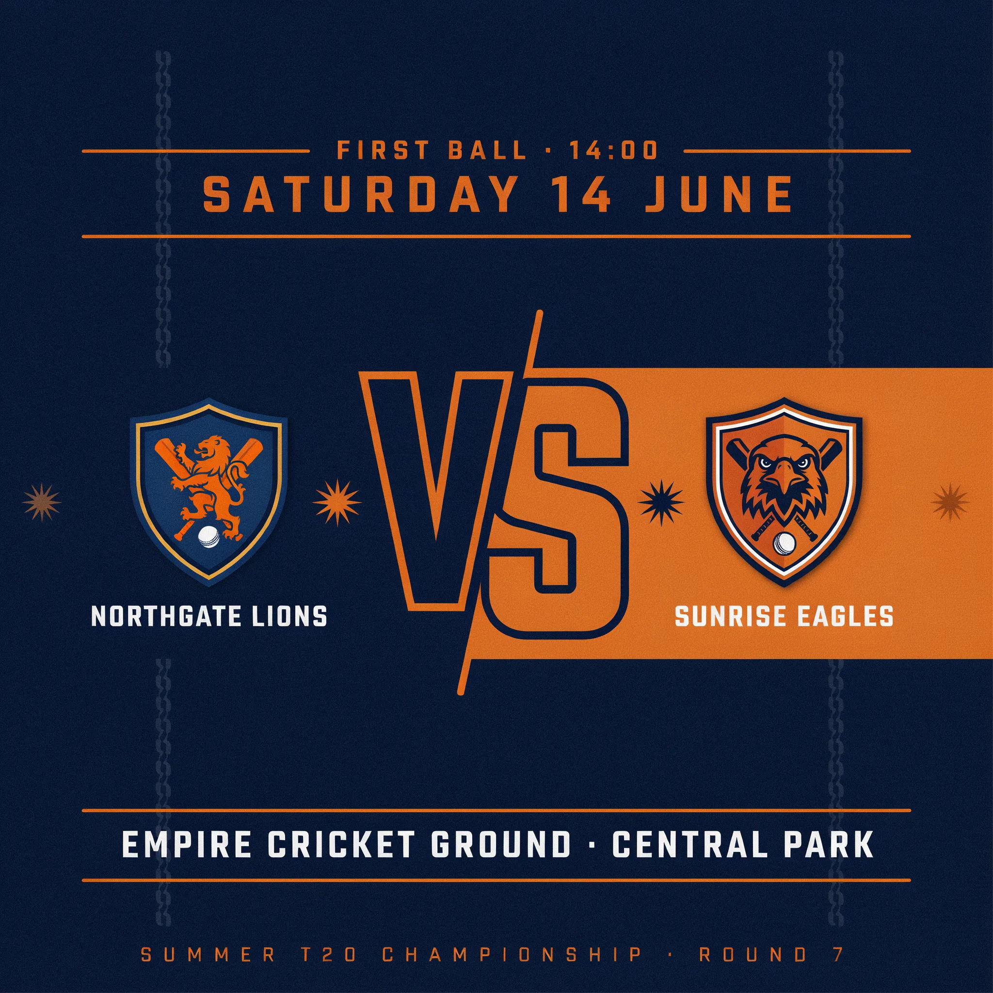 Cricket tournament fixture poster with two crests and VS