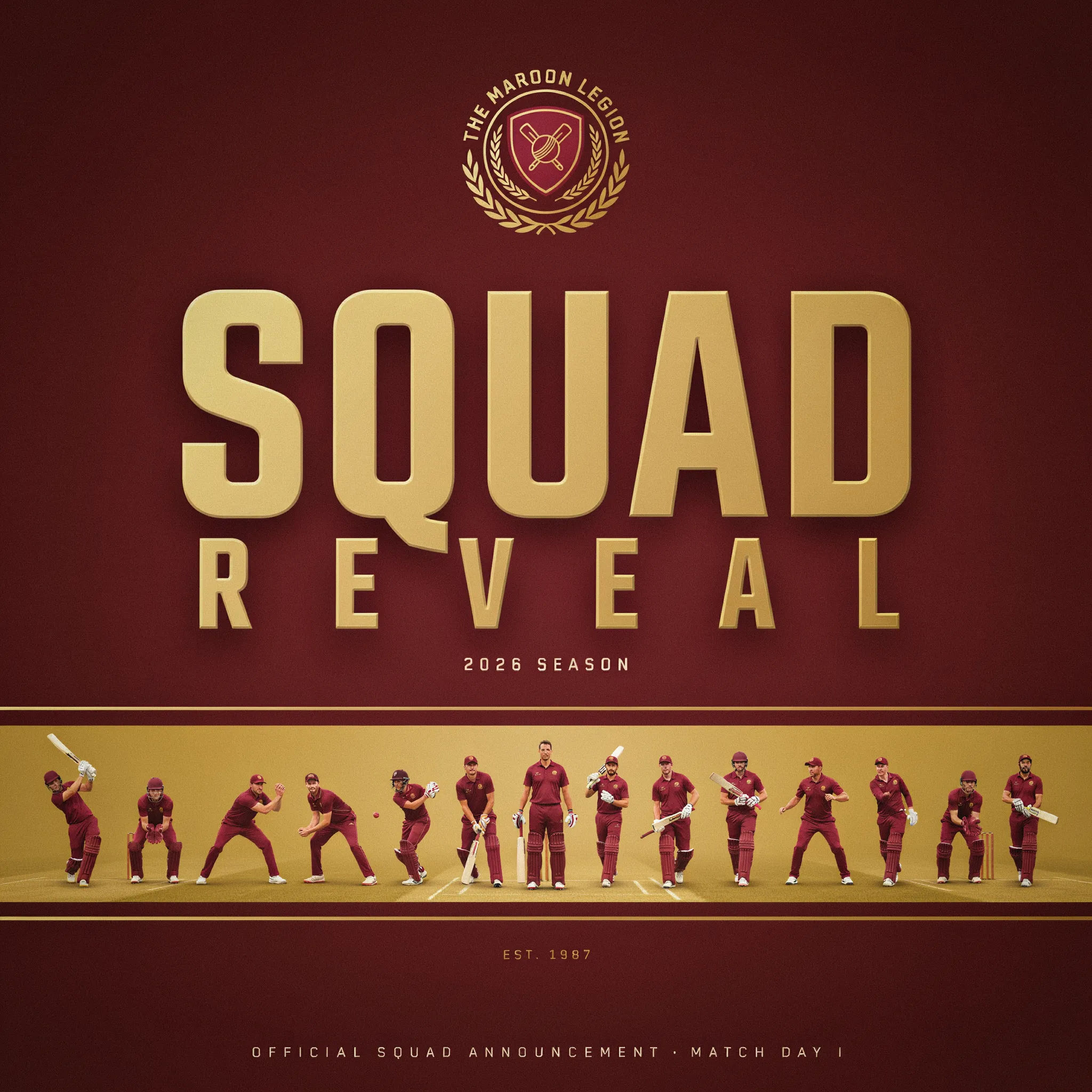 Squad reveal poster with eleven player silhouettes in maroon