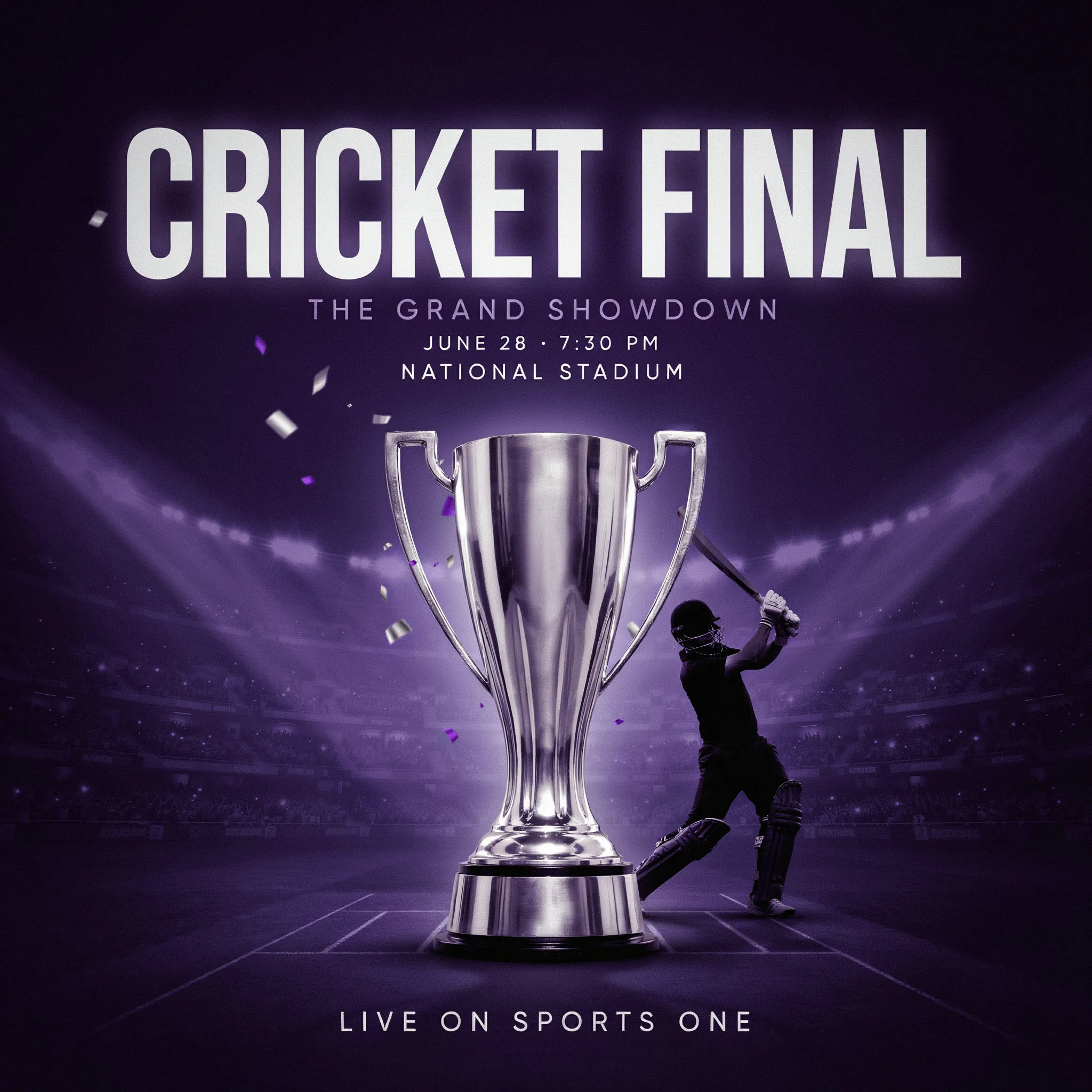 Cricket final poster with a glowing trophy and confetti