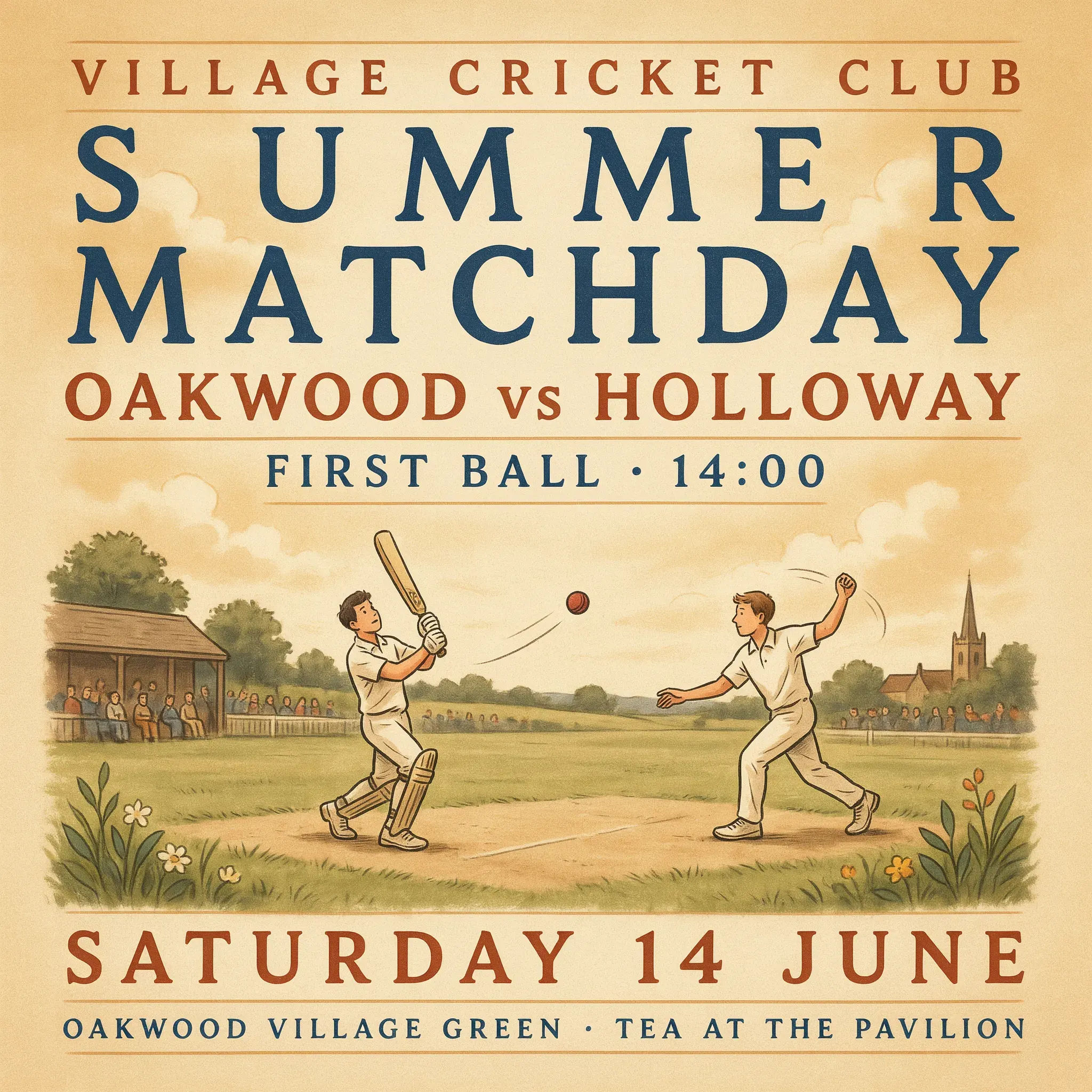 Local cricket poster of a village ground in golden light