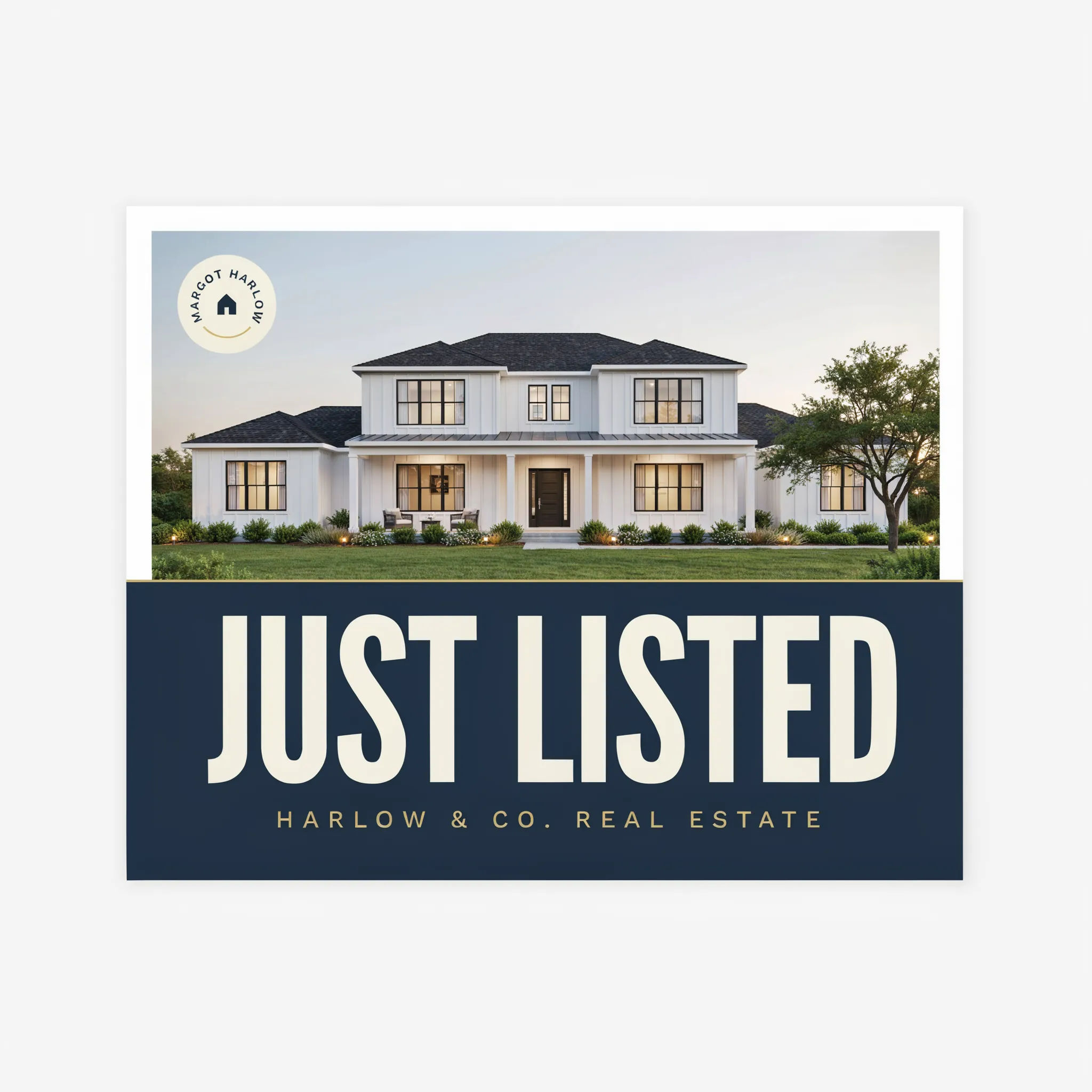 Real estate postcard front with a modern home and a Just Listed headline