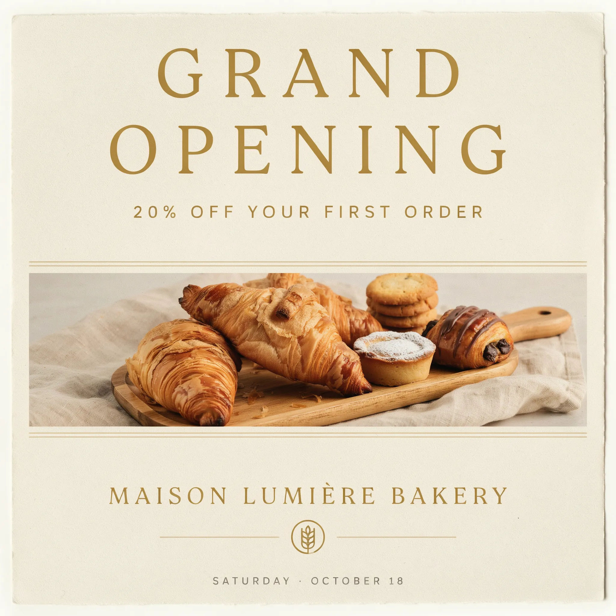 Bakery grand opening postcard with pastries and an offer line