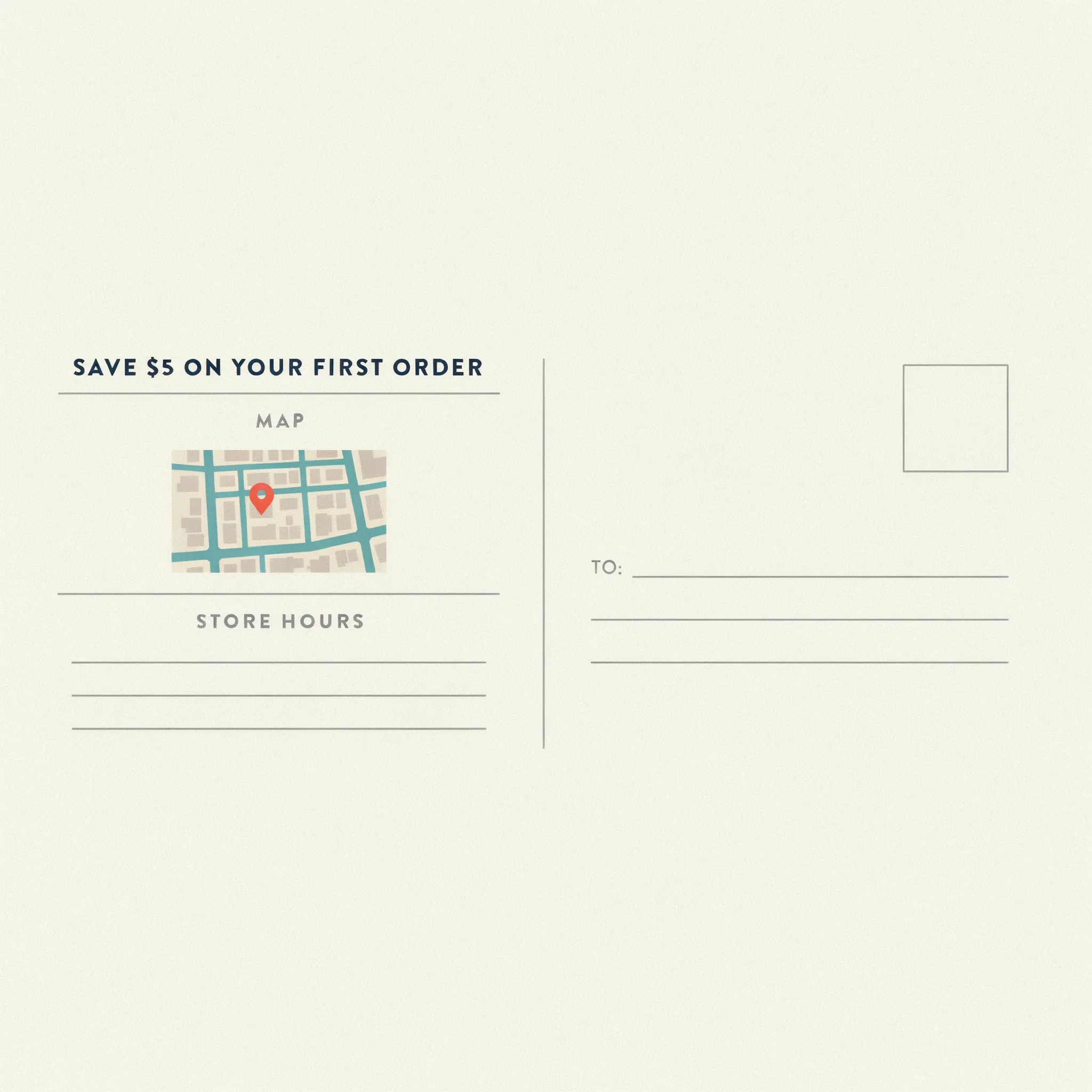 EDDM postcard back with a mail panel, map, and store hours