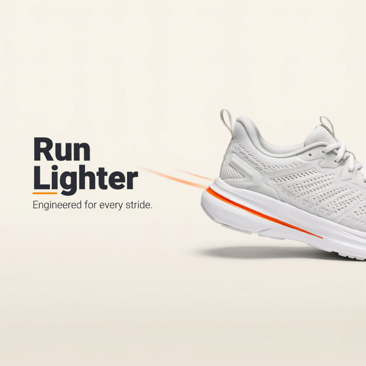 Anúncio display leaderboard de um tênis de corrida branco com detalhe laranja