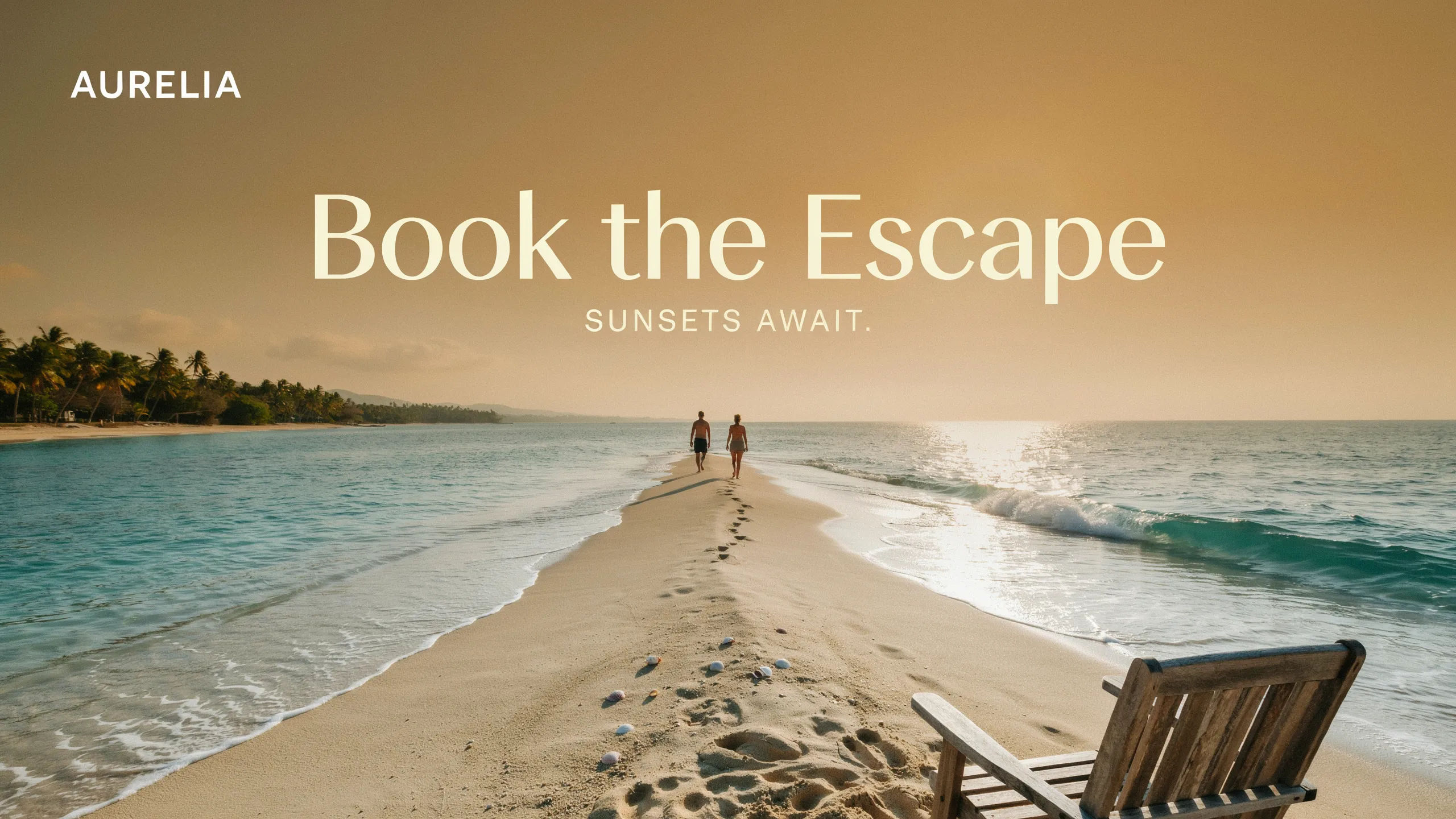 Wide billboard travel display ad with a sunlit beach