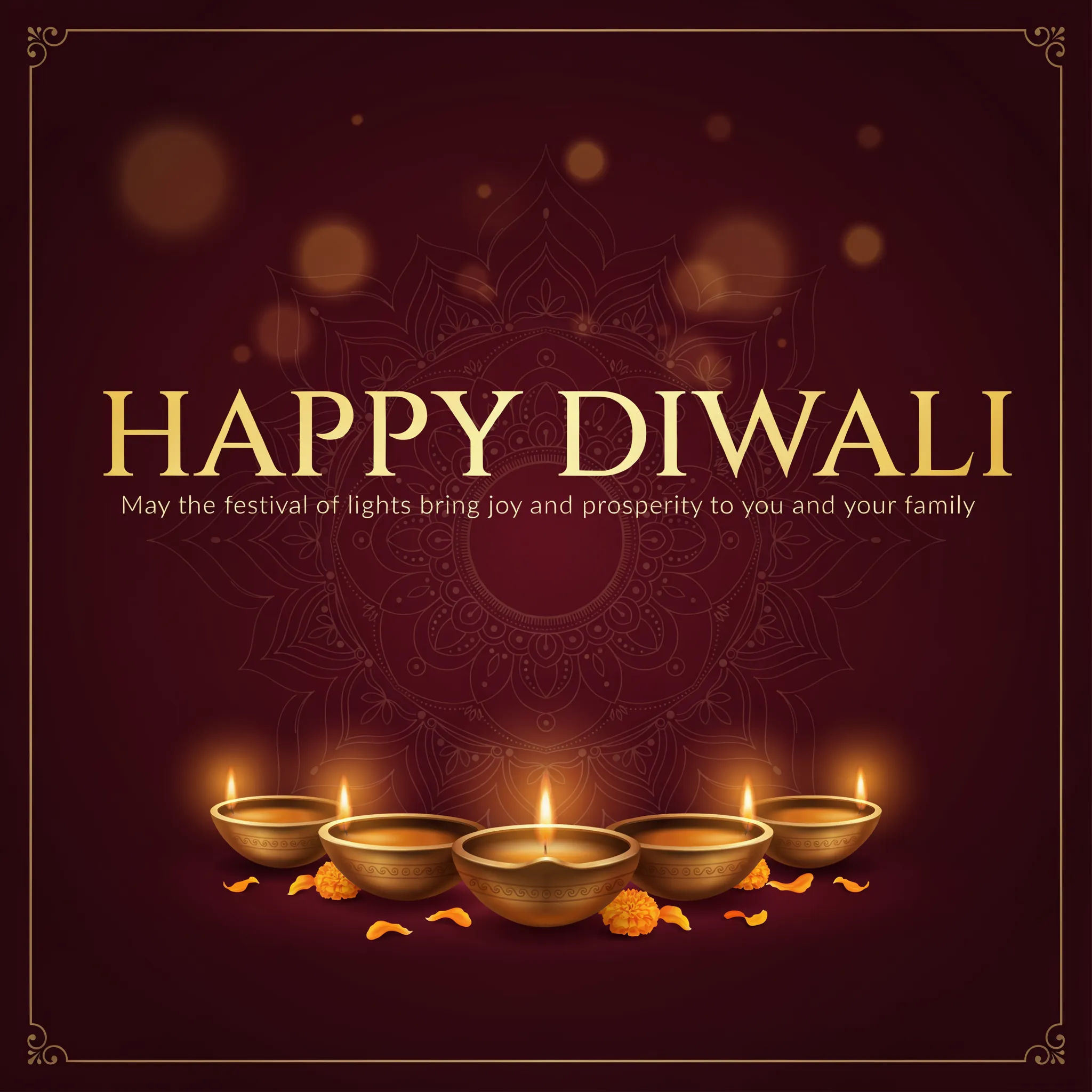 Diwali card with a row of glowing diya lamps and gold text