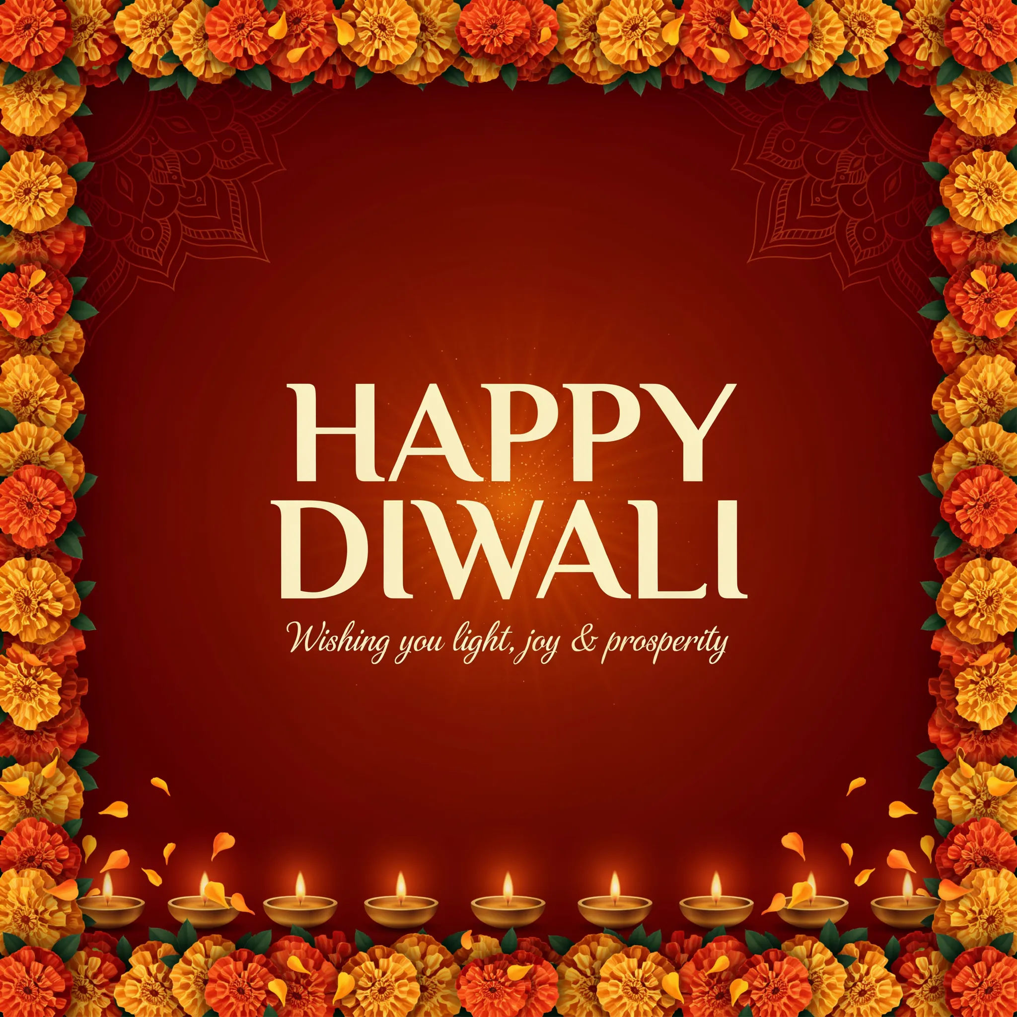 Diwali card framed with marigold garlands and warm lamps