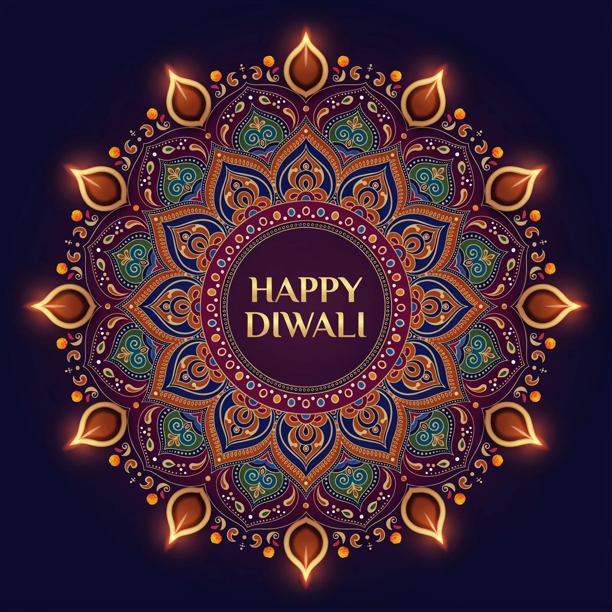 Diwali greeting on an intricate colorful rangoli pattern