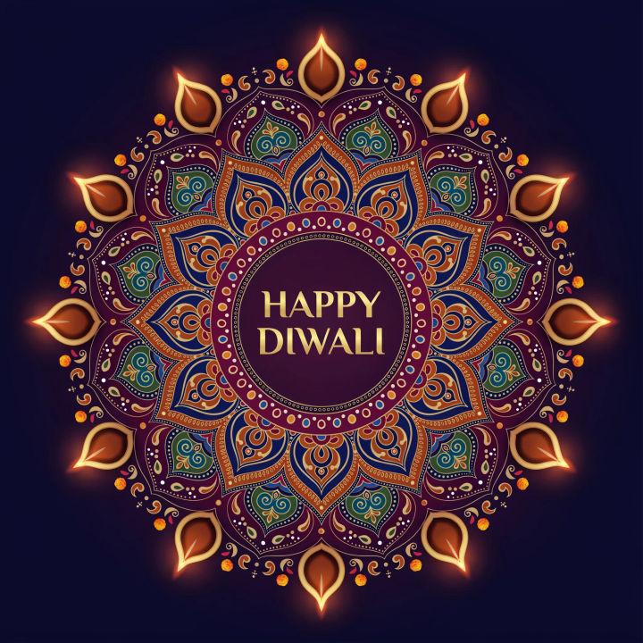 Mensagem de Diwali sobre um desenho de rangoli detalhado e colorido