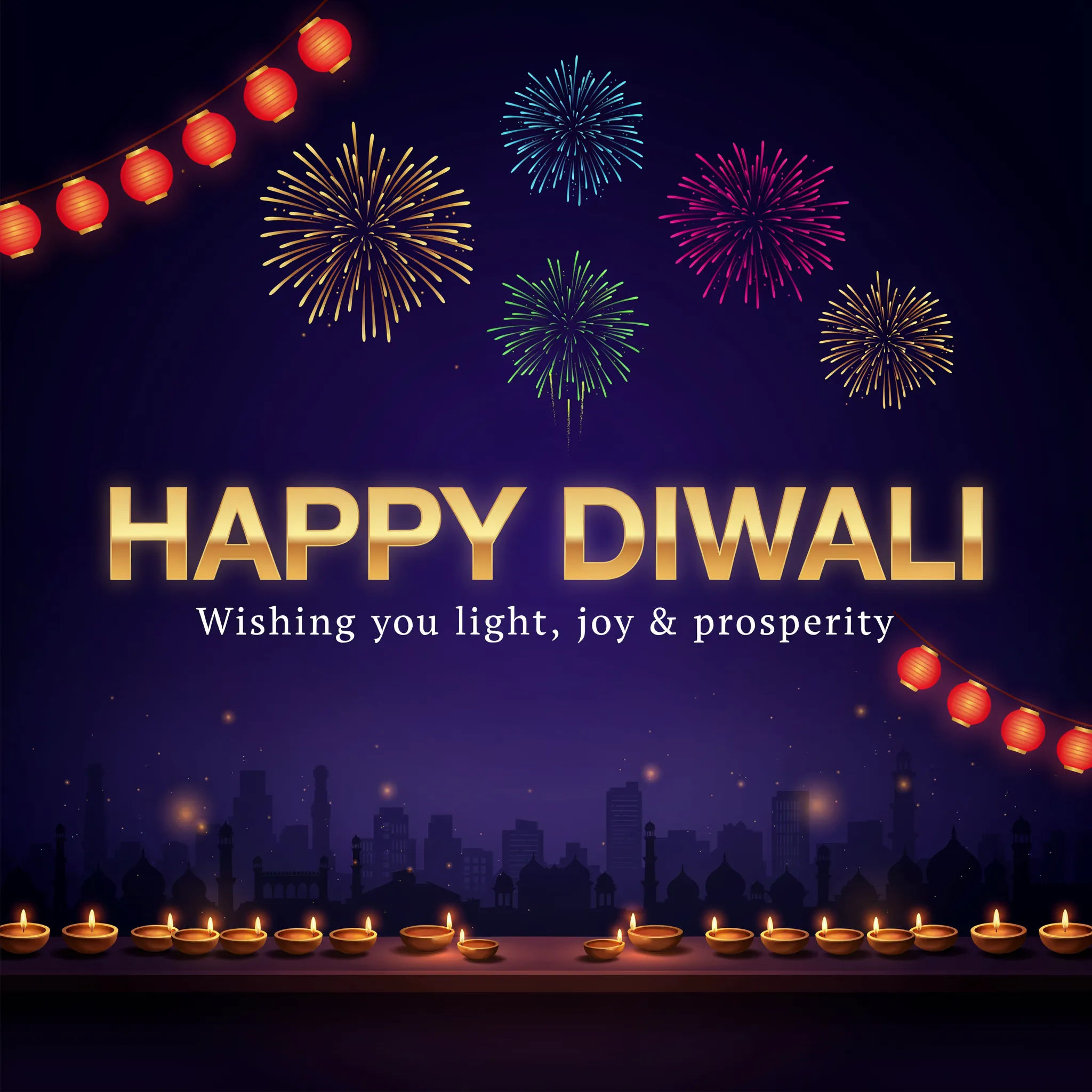 Diwali card with fireworks over a night city skyline
