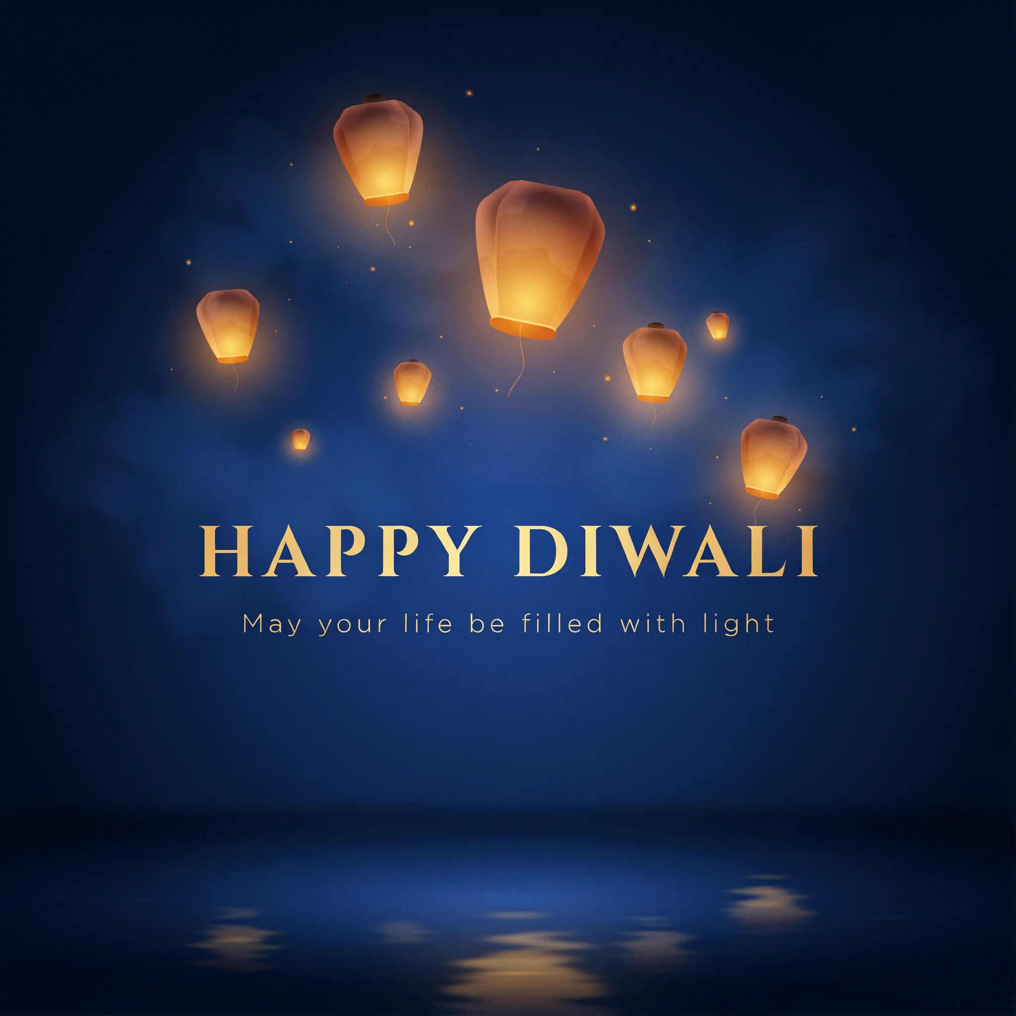 Serene Diwali card with glowing lanterns in a dark blue sky