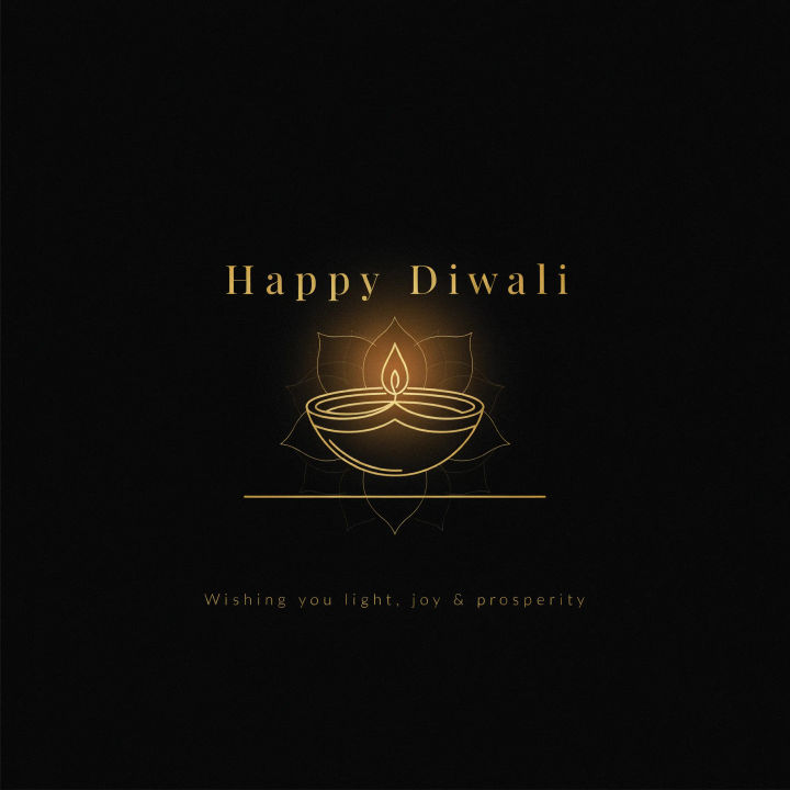 Cartão de Diwali elegante e minimalista com uma única diya sobre fundo preto